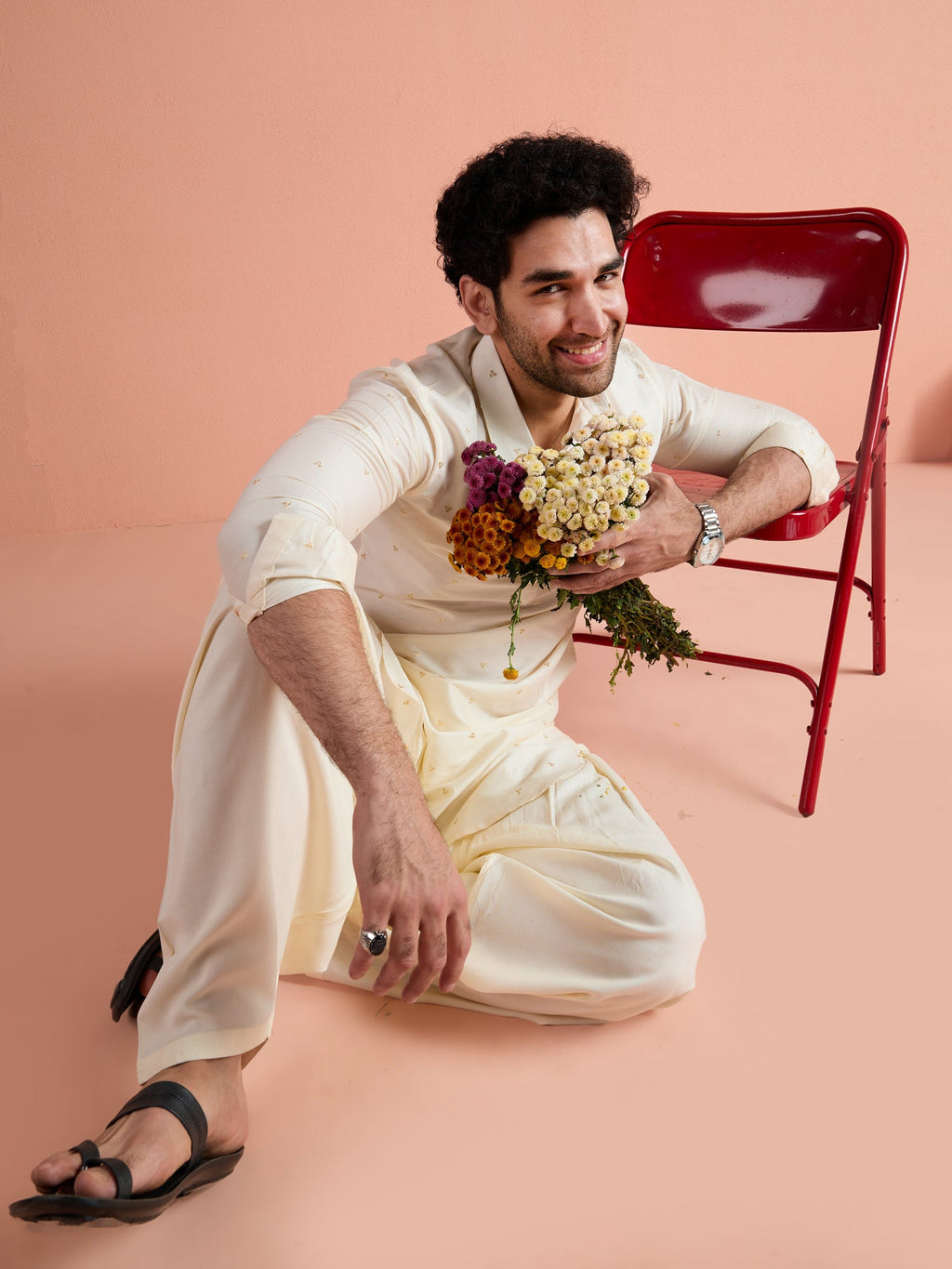 White Viscose Embellished Pathani Kurta Patiyala Set
