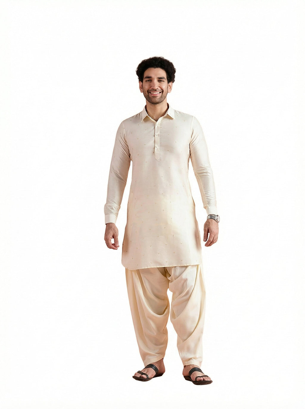 White Viscose Embellished Pathani Kurta Patiyala Set