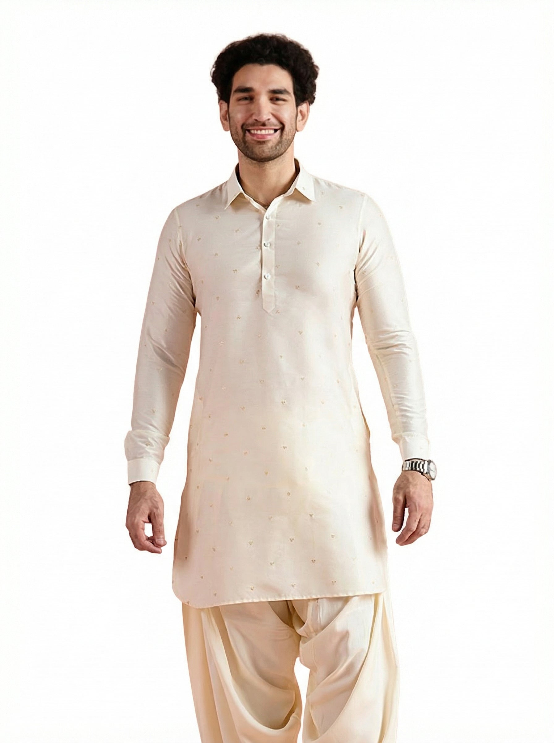 Off-White Viscose Embroidered Pathani Kurta