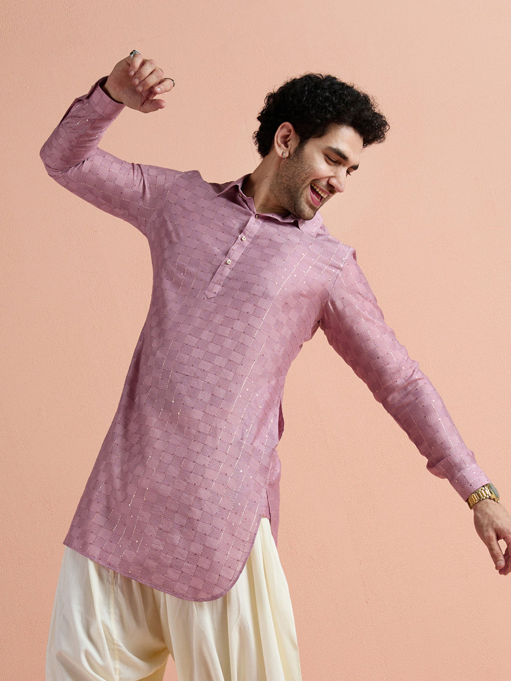 Onion Pink Viscose Embellished Pathani Kurta