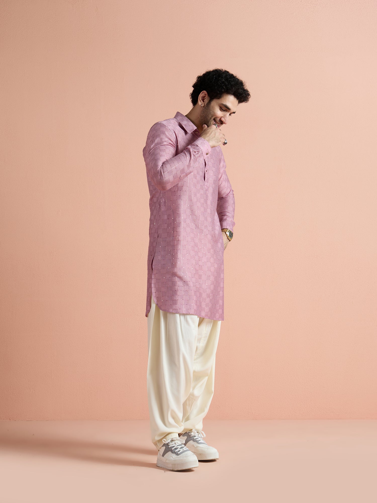 Onion Pink Viscose Embellished Pathani Kurta