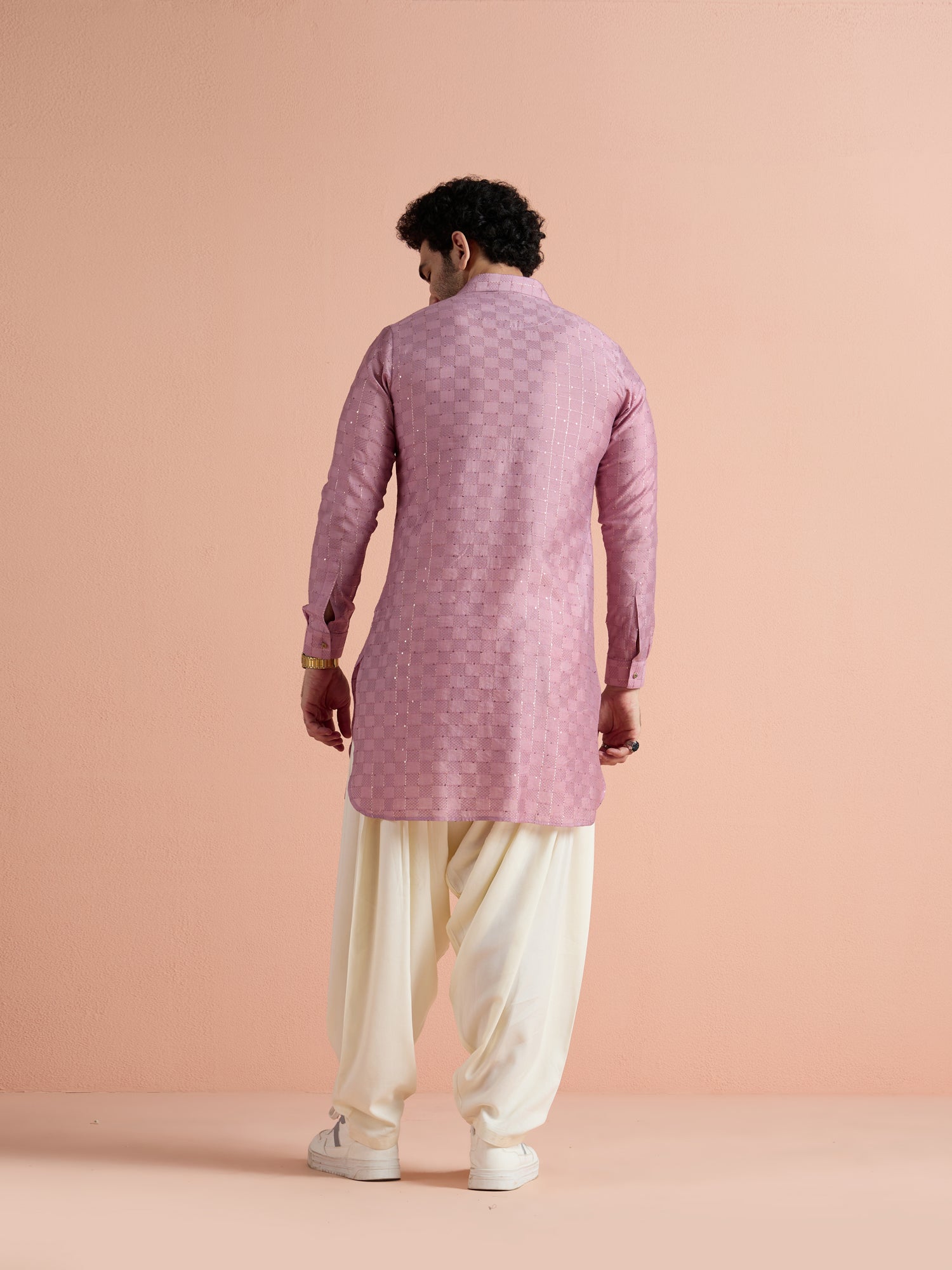 Onion Pink Viscose Embellished Pathani Kurta