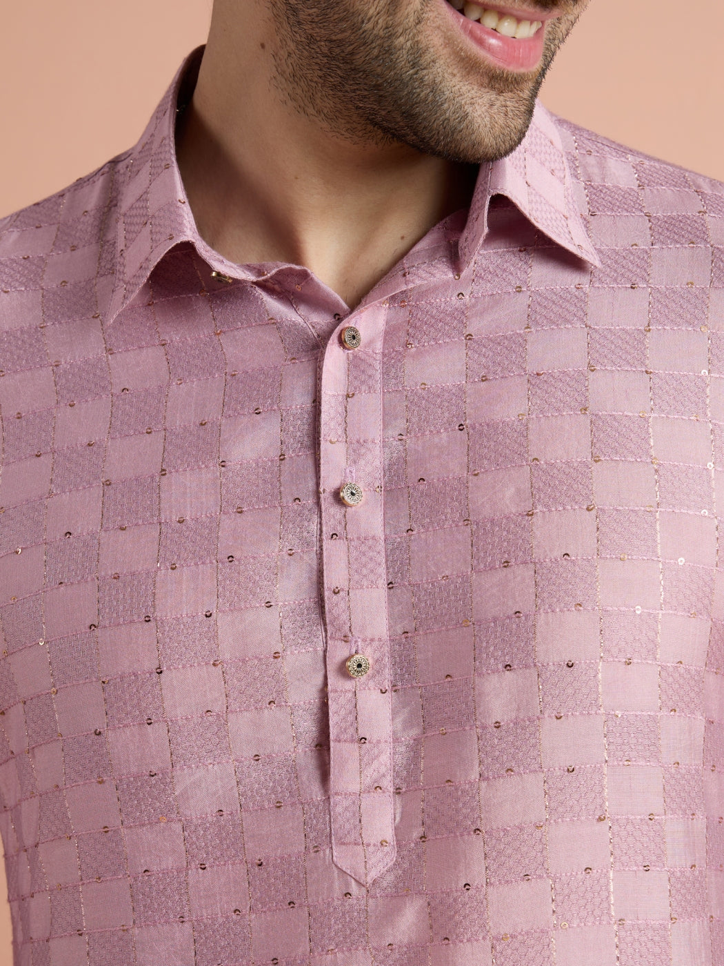 Onion Pink Viscose Embellished Pathani Kurta