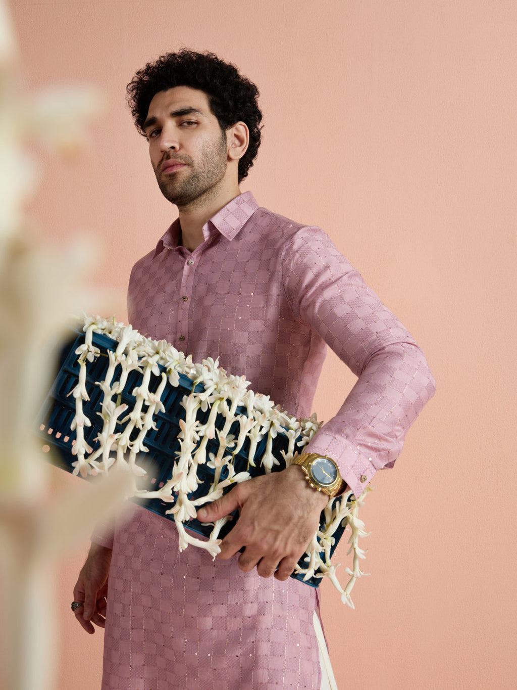 Onion Pink Viscose Embellished Pathani Kurta