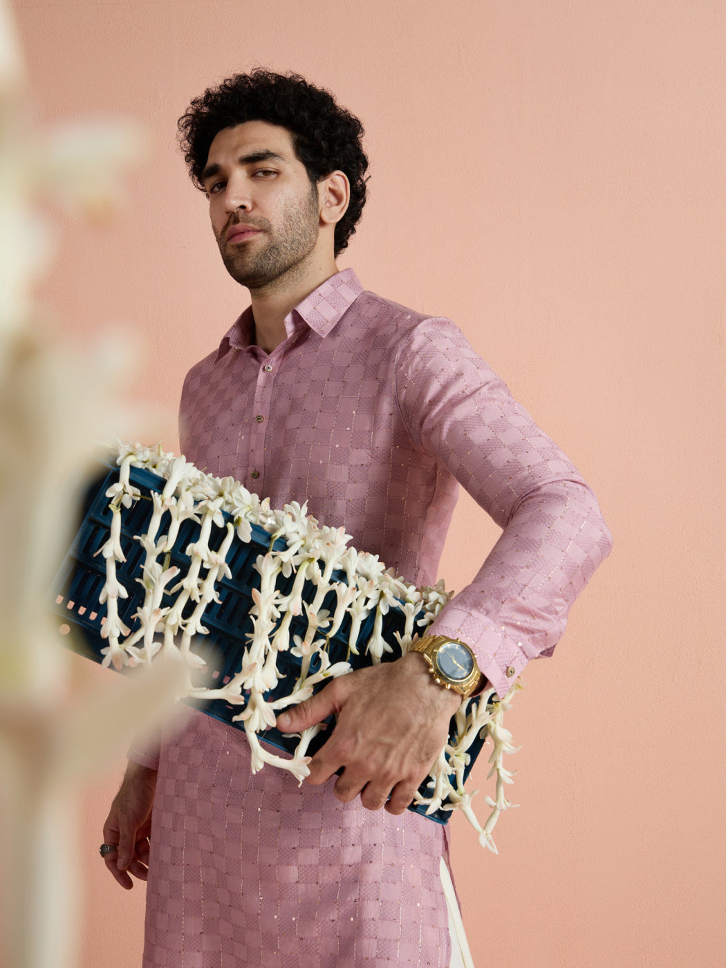 Onion Pink Viscose Embellished Pathani Kurta