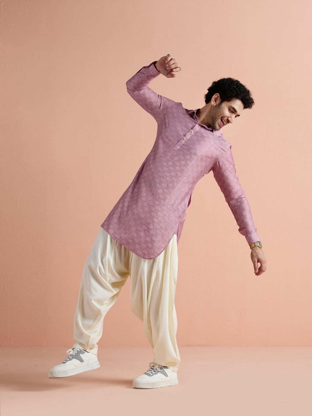 Onion Pink Viscose Embellished Pathani Kurta