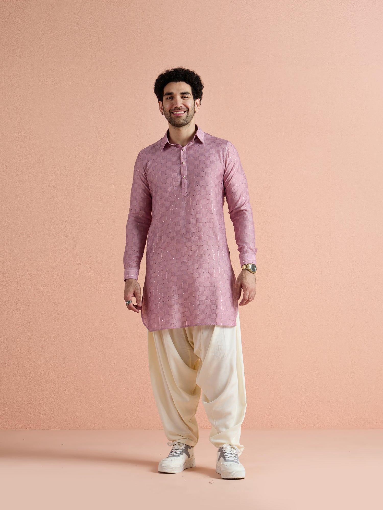 Onion Pink Viscose Embellished Pathani Kurta Patiyala Set