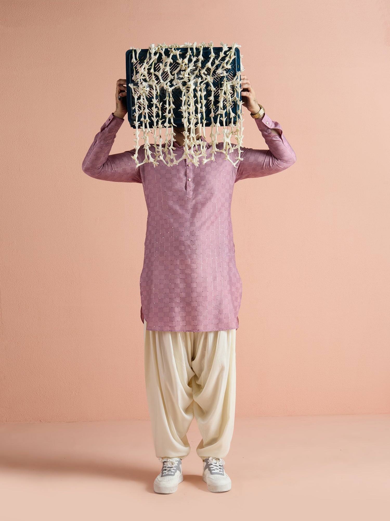 Onion Pink Viscose Embellished Pathani Kurta Patiyala Set
