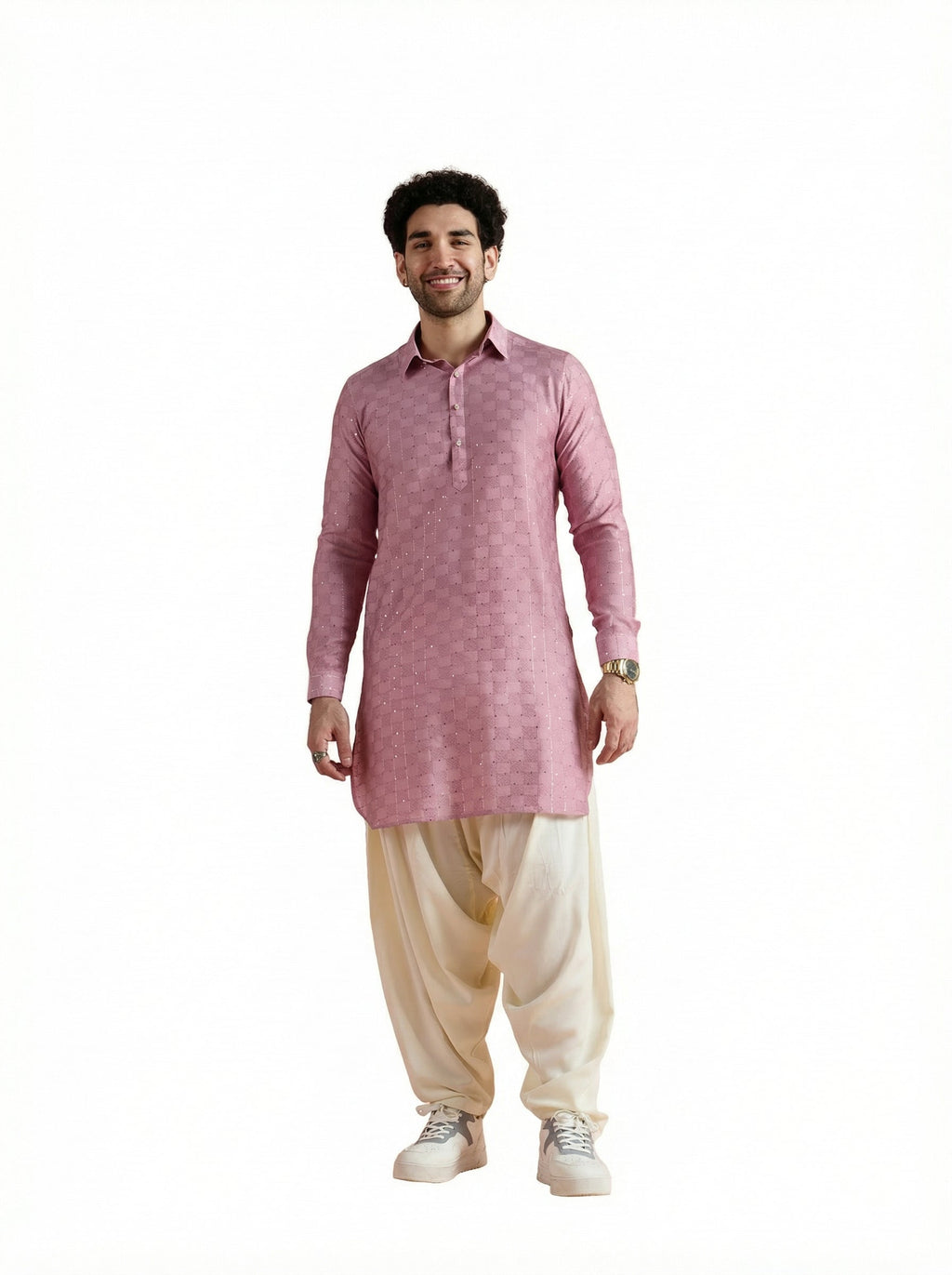 Onion Pink Viscose Embellished Pathani Kurta Patiyala Set