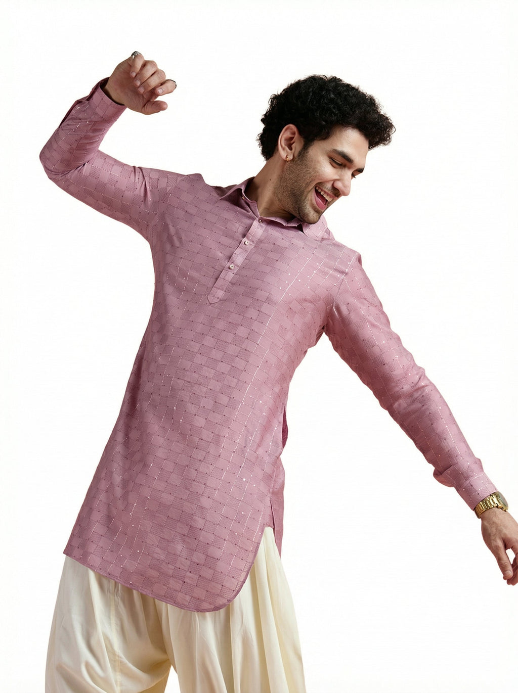 Onion Pink Viscose Embellished Pathani Kurta