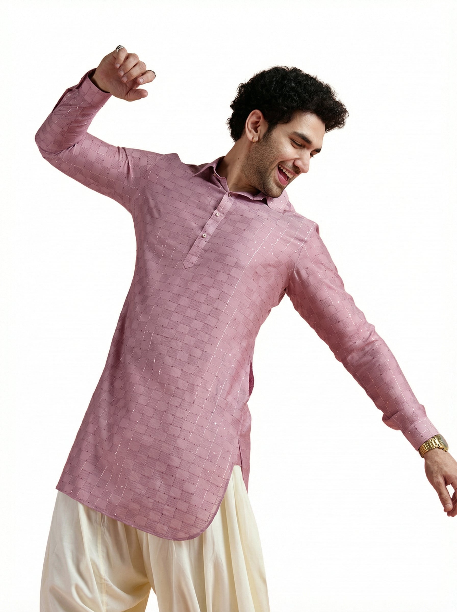 Onion Pink Viscose Embellished Pathani Kurta