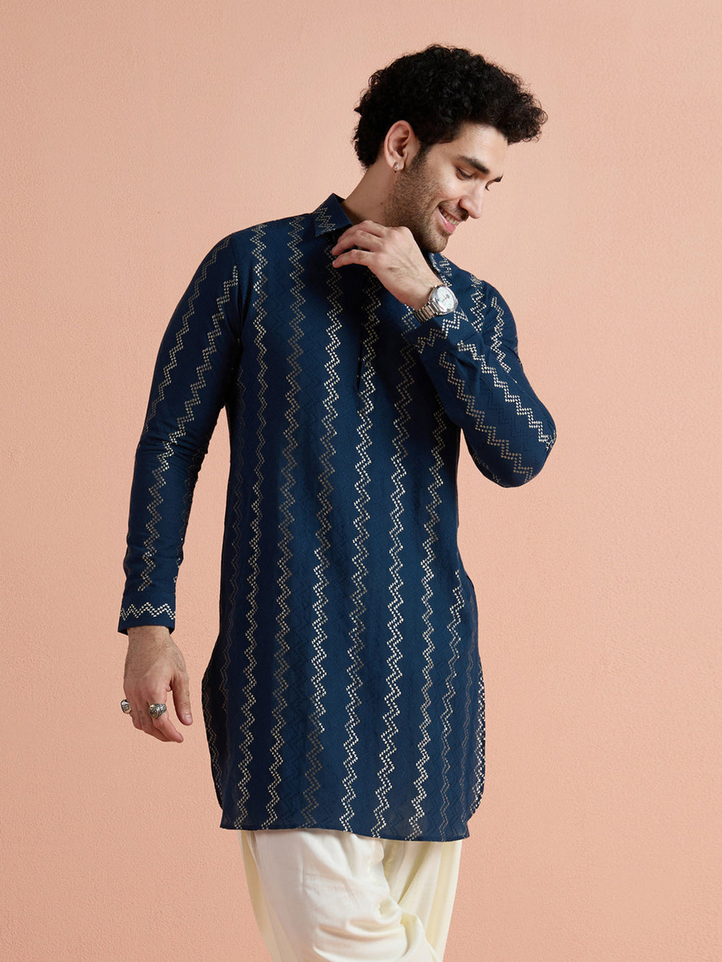 Blue Cotton Jacquard Pathani Kurta