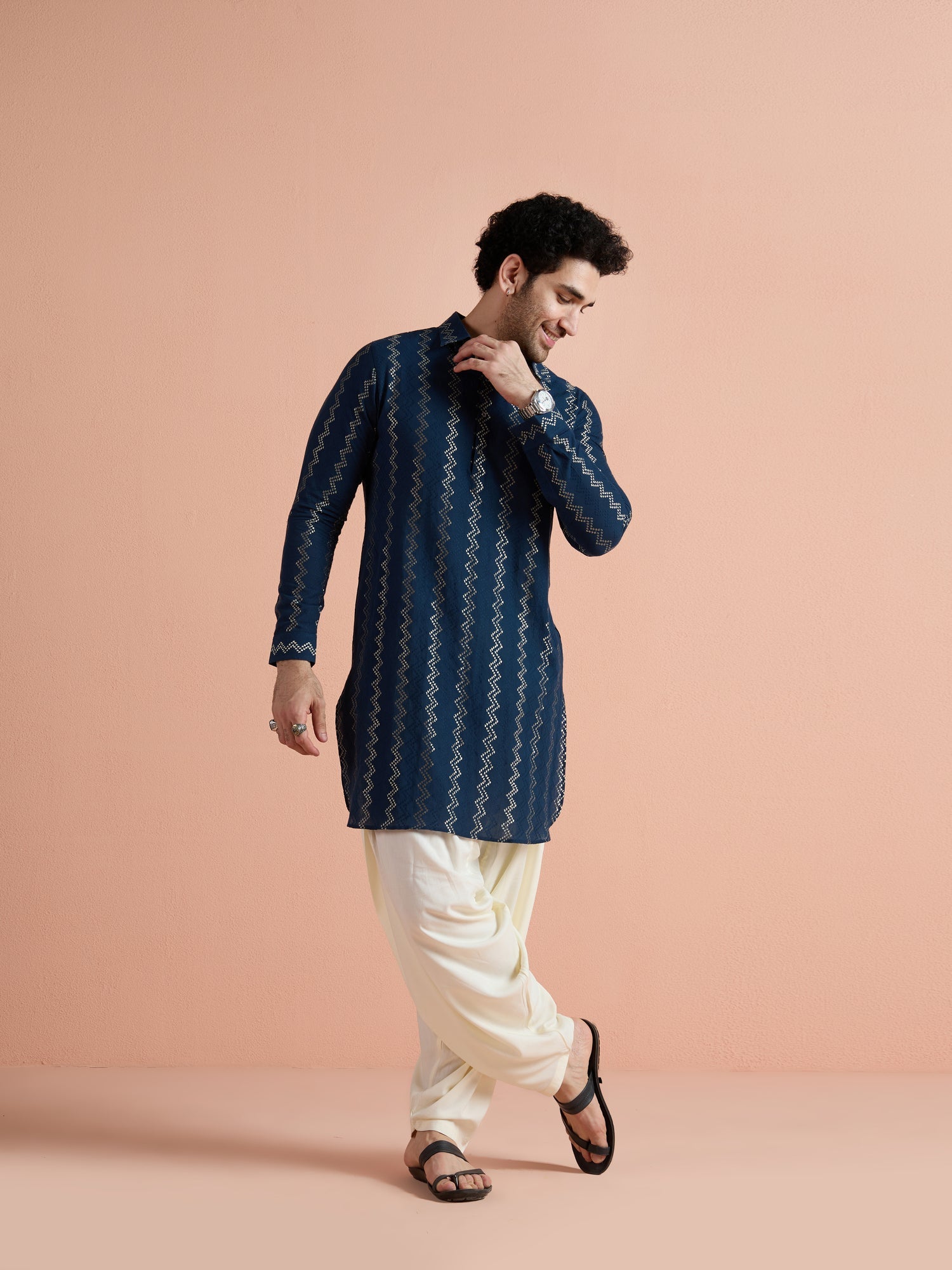 Blue Cotton Jacquard Pathani Kurta