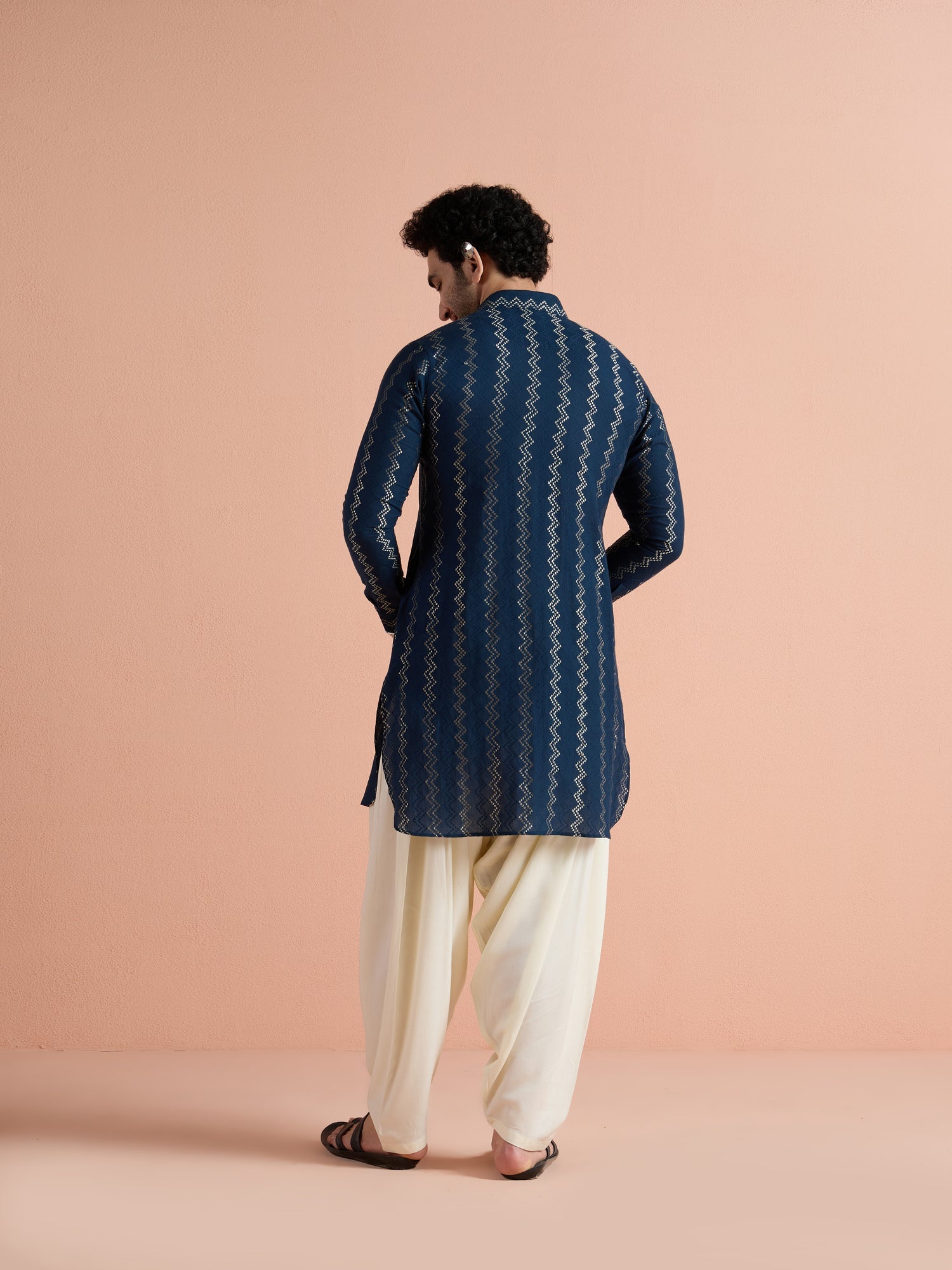 Blue Cotton Jacquard Pathani Kurta