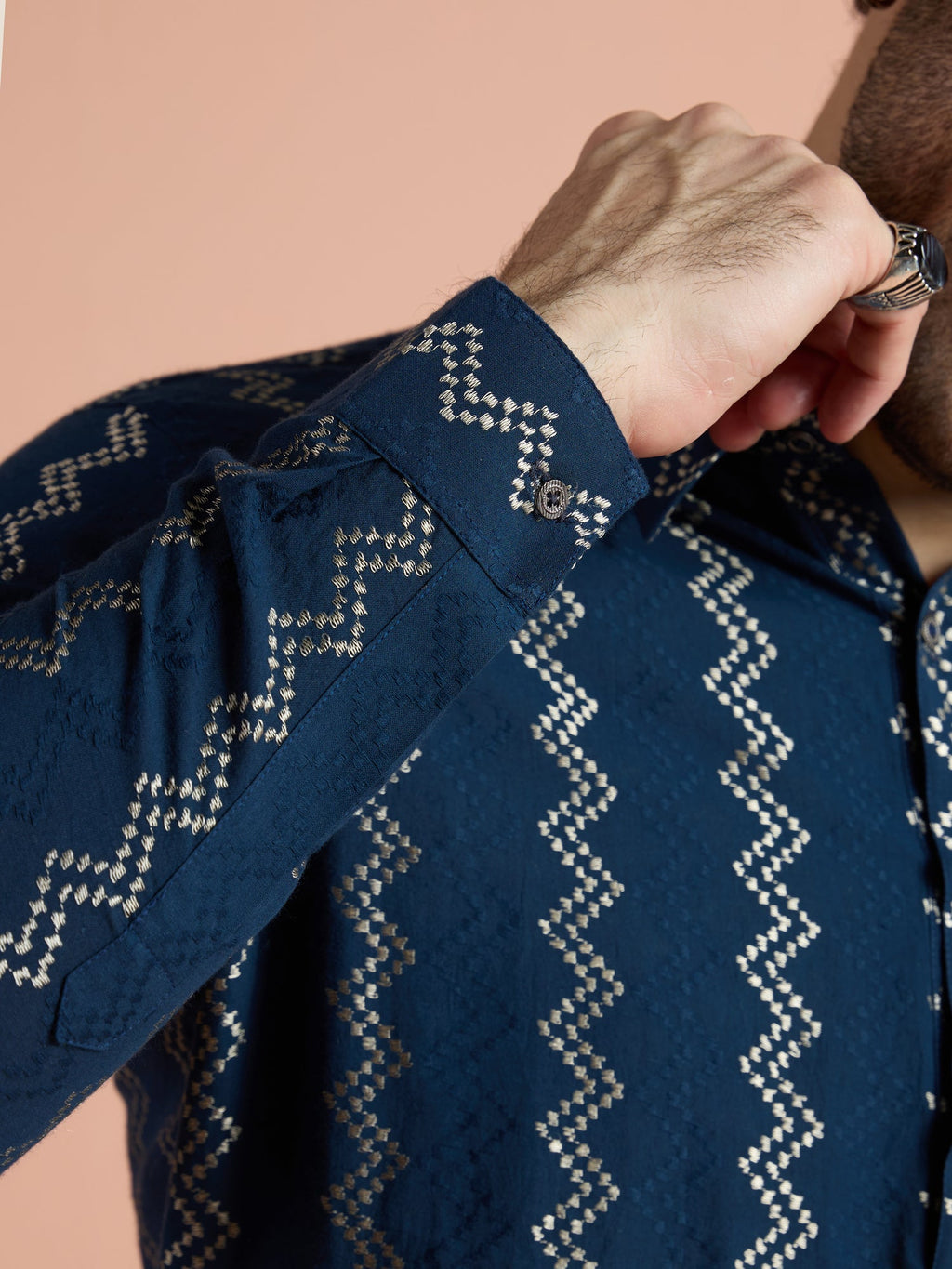 Blue Cotton Jacquard Pathani Kurta