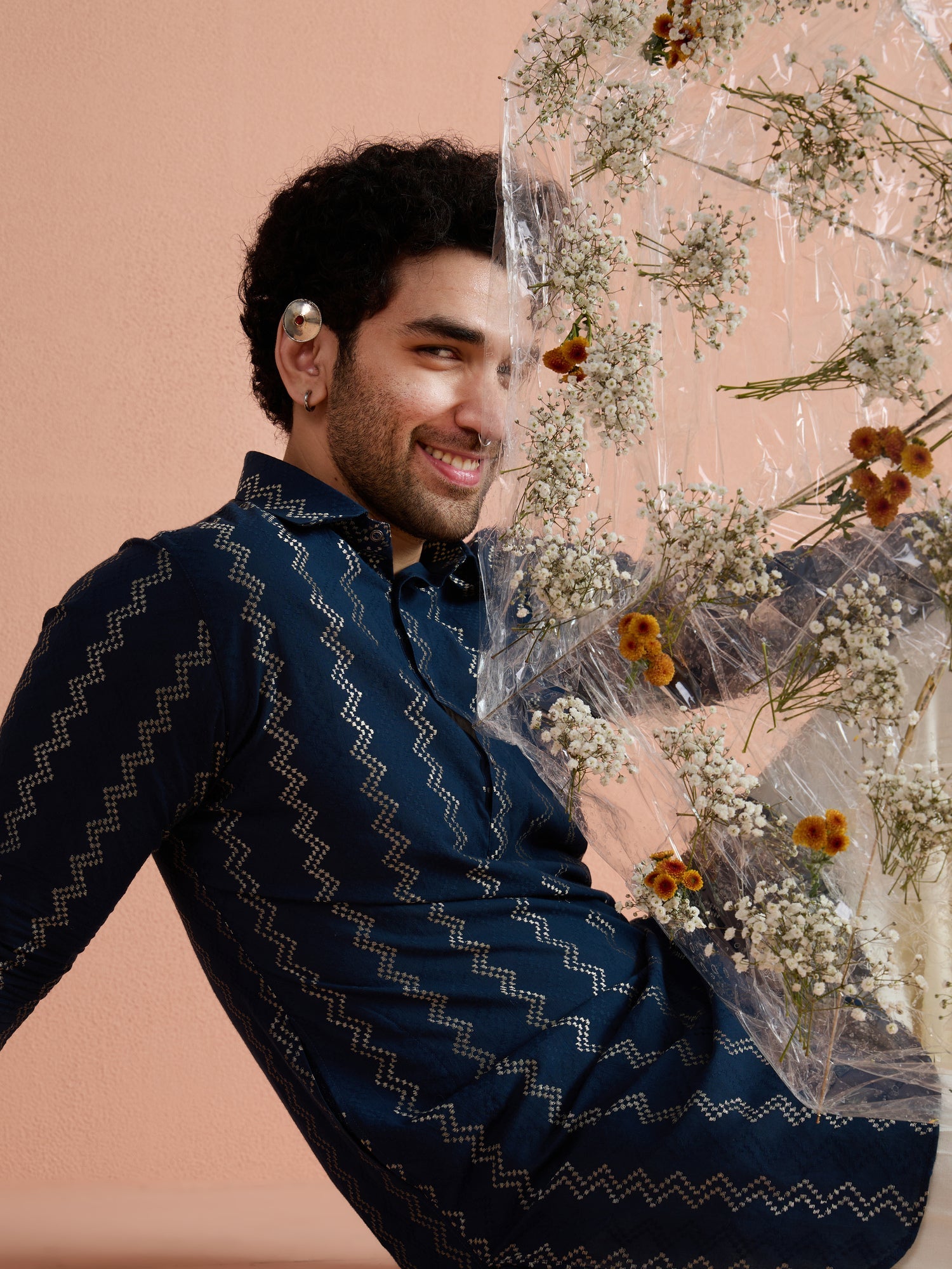 Blue Cotton Jacquard Pathani Kurta