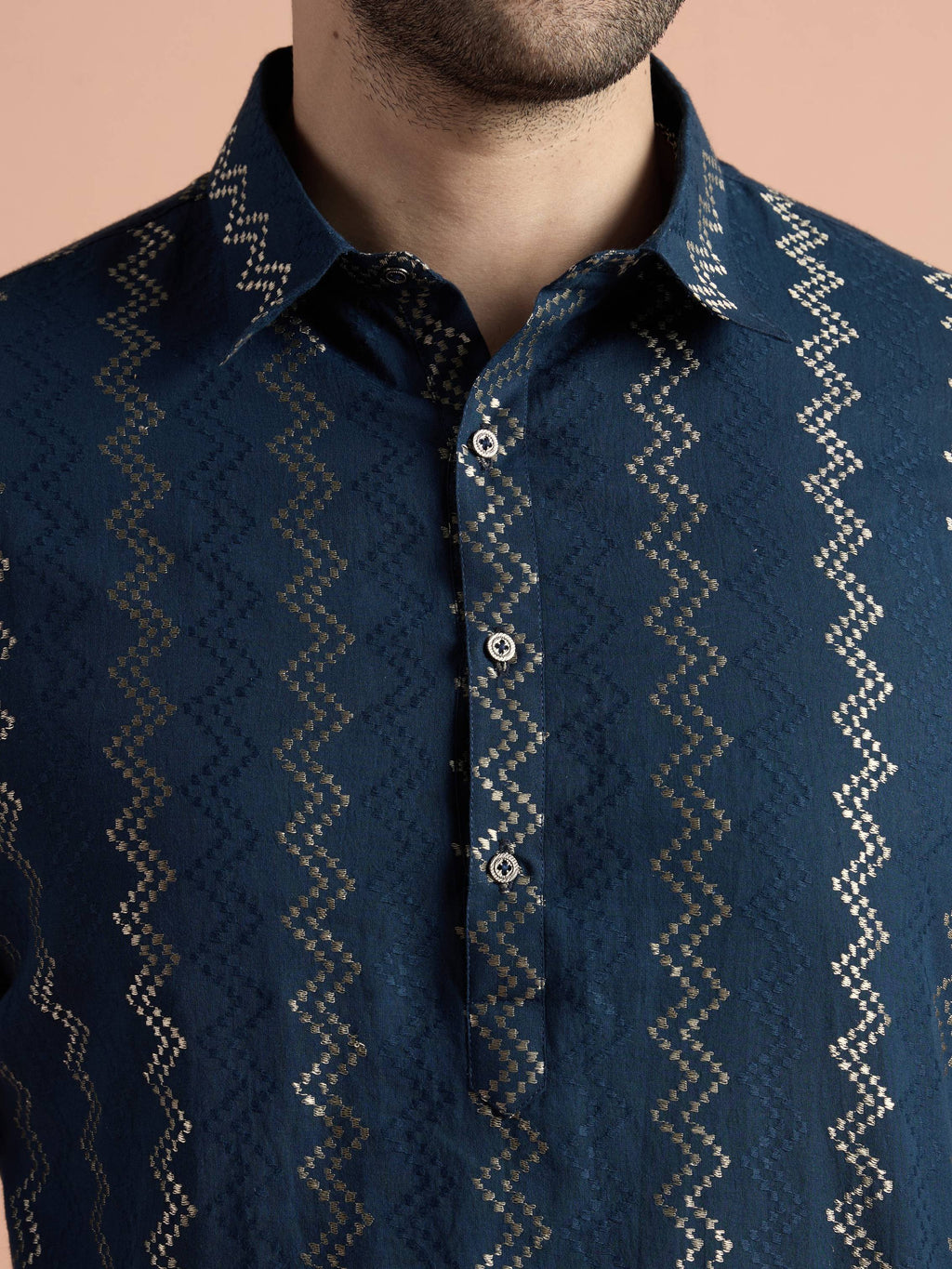 Blue Cotton Jacquard Pathani Kurta