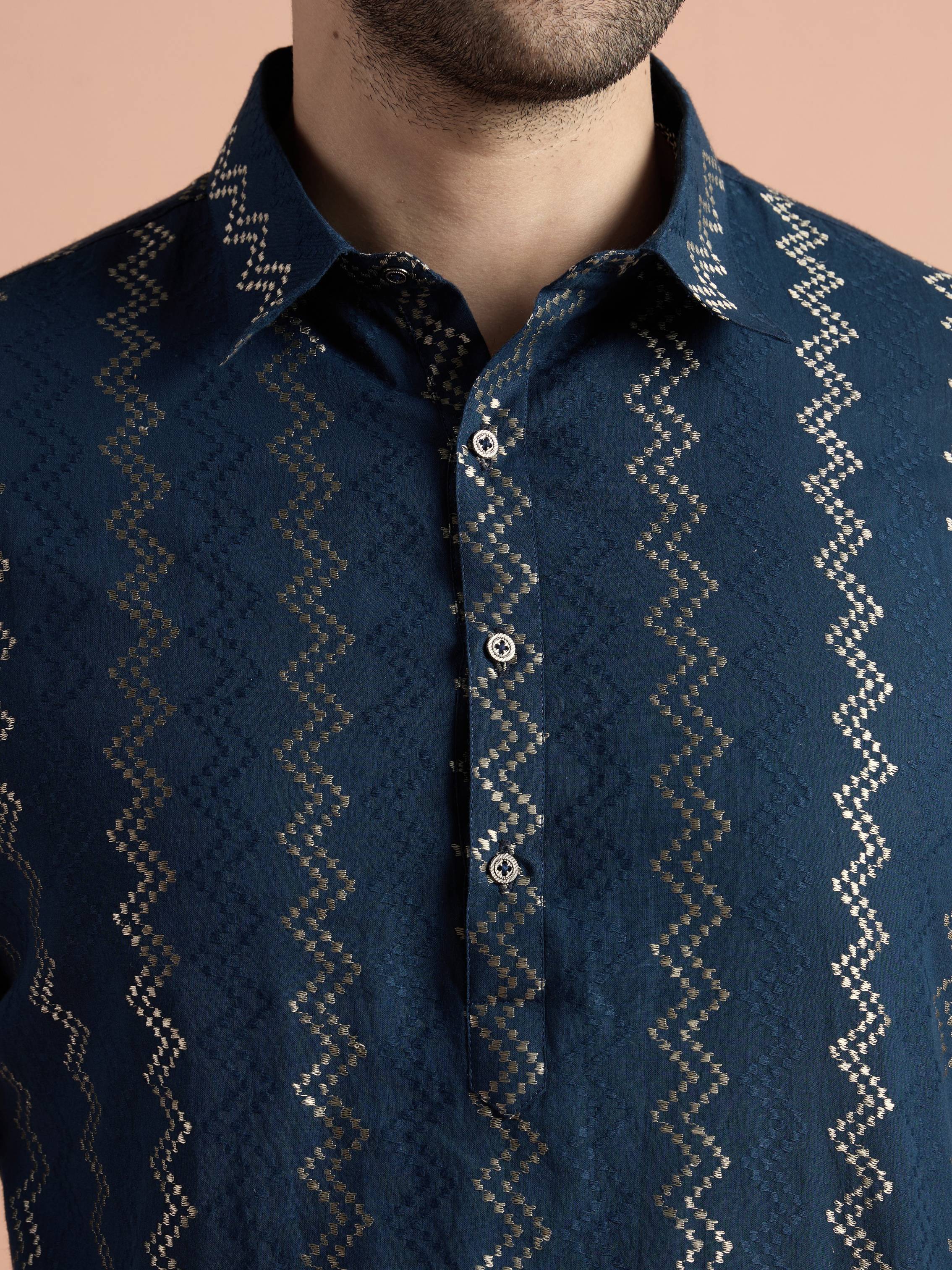 Blue Cotton Jacquard Pathani Kurta