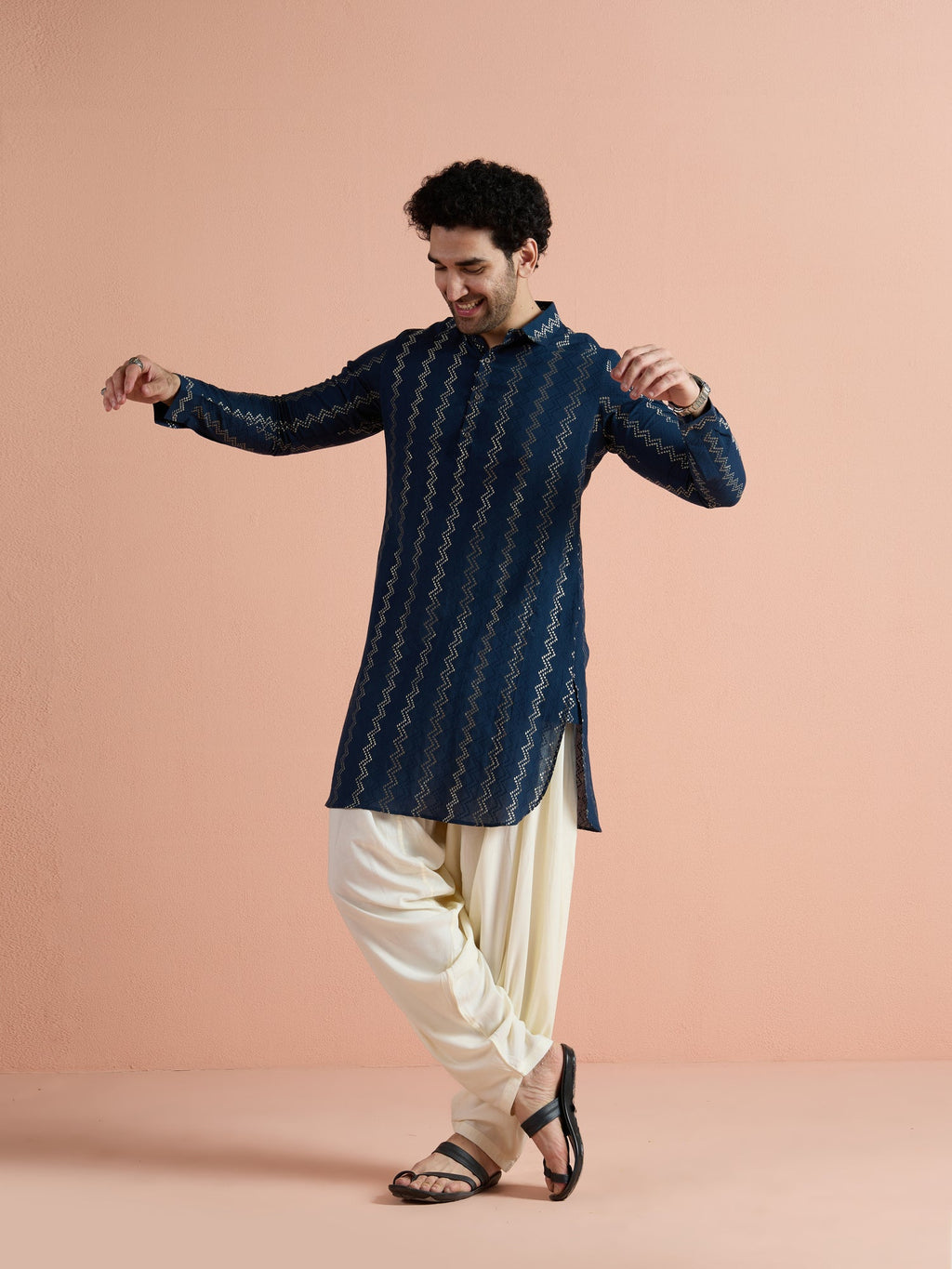 Blue Cotton Jacquard Pathani Kurta Patiyala Set