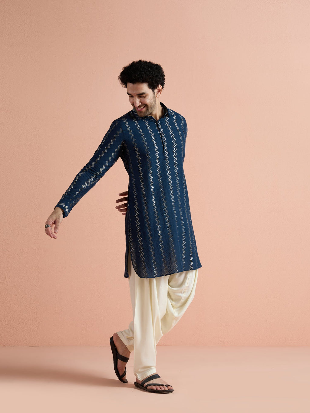 Blue Cotton Jacquard Pathani Kurta Patiyala Set