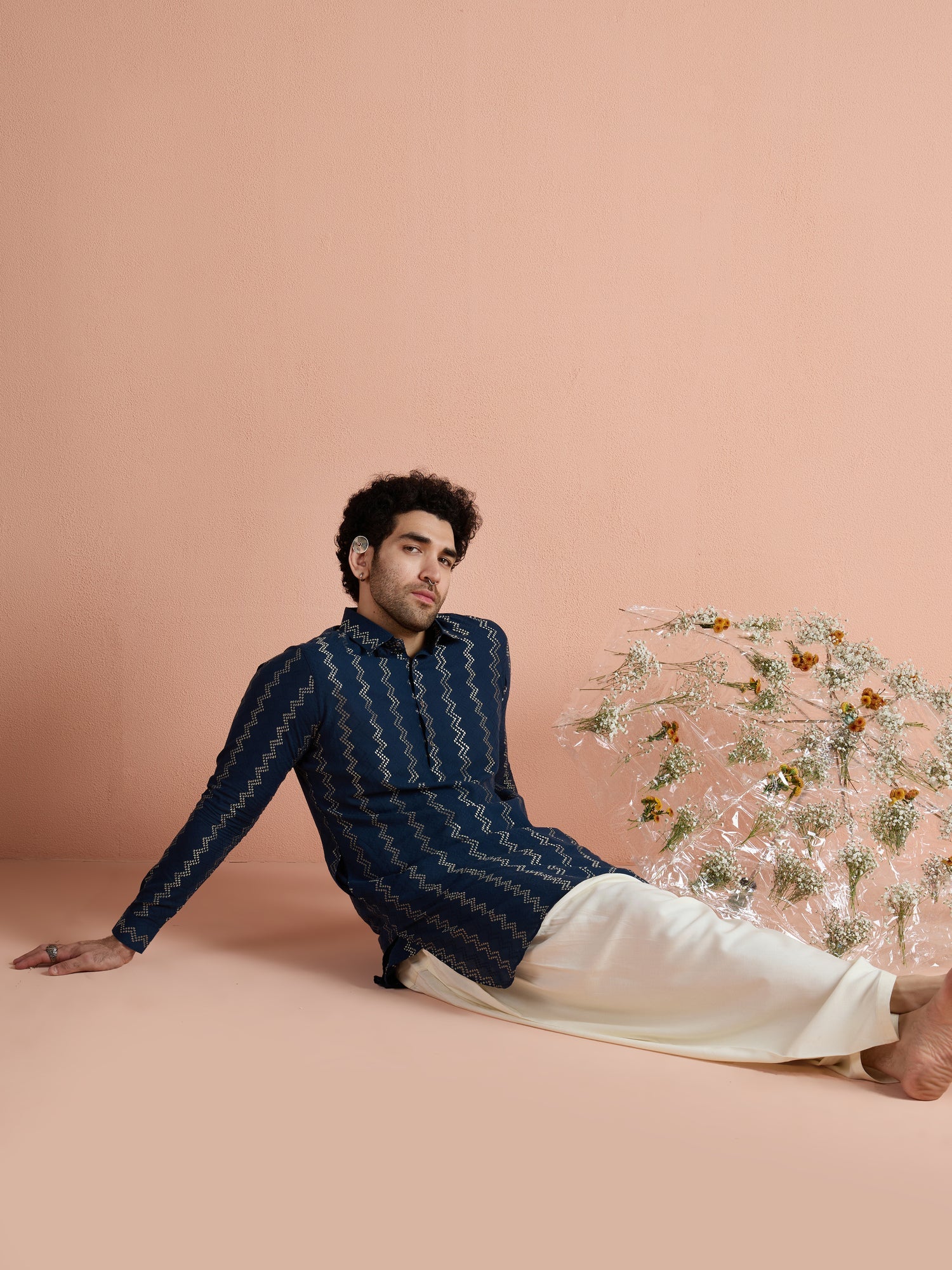 Blue Cotton Jacquard Pathani Kurta Patiyala Set