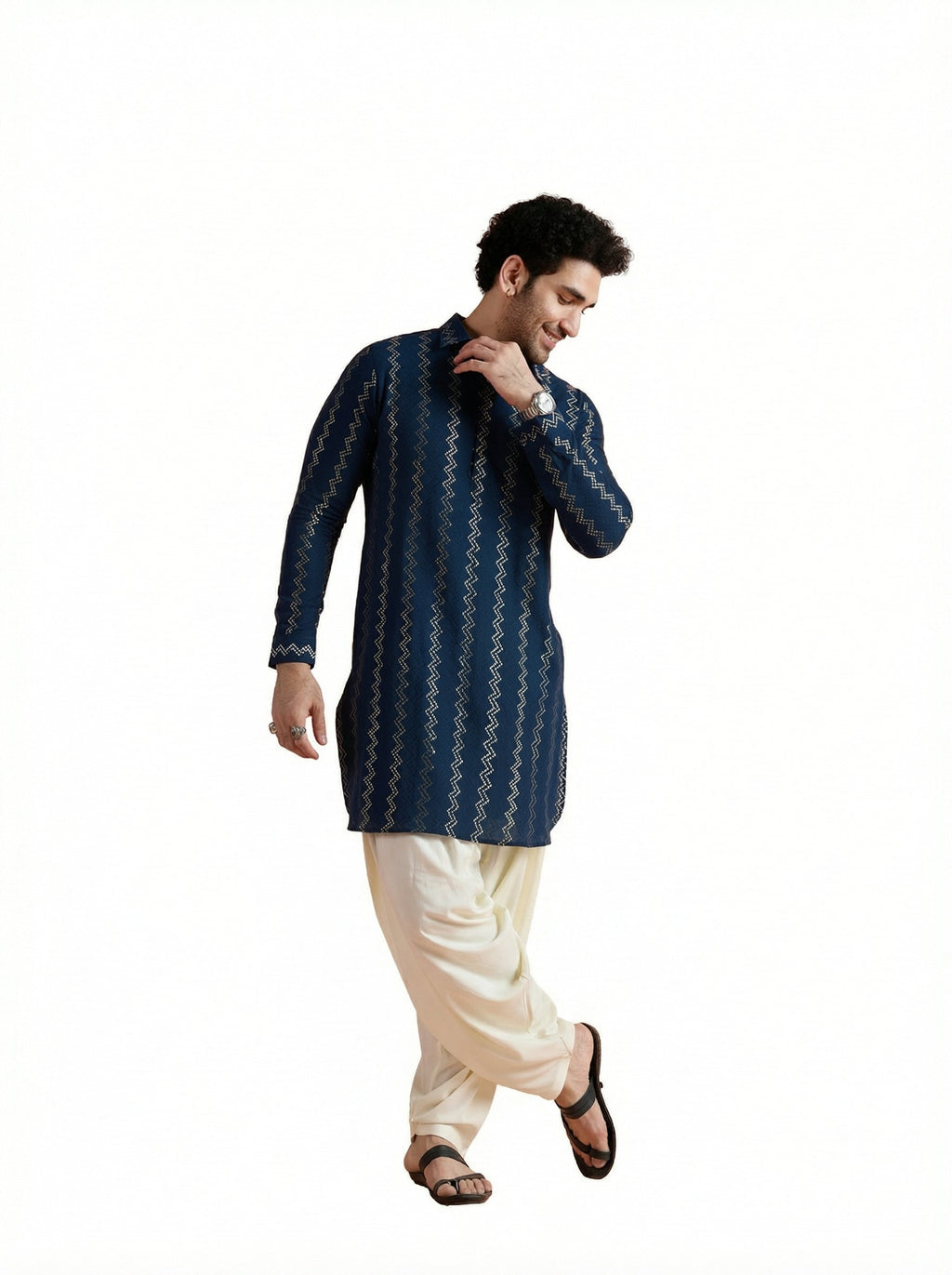 Blue Cotton Jacquard Pathani Kurta Patiyala Set
