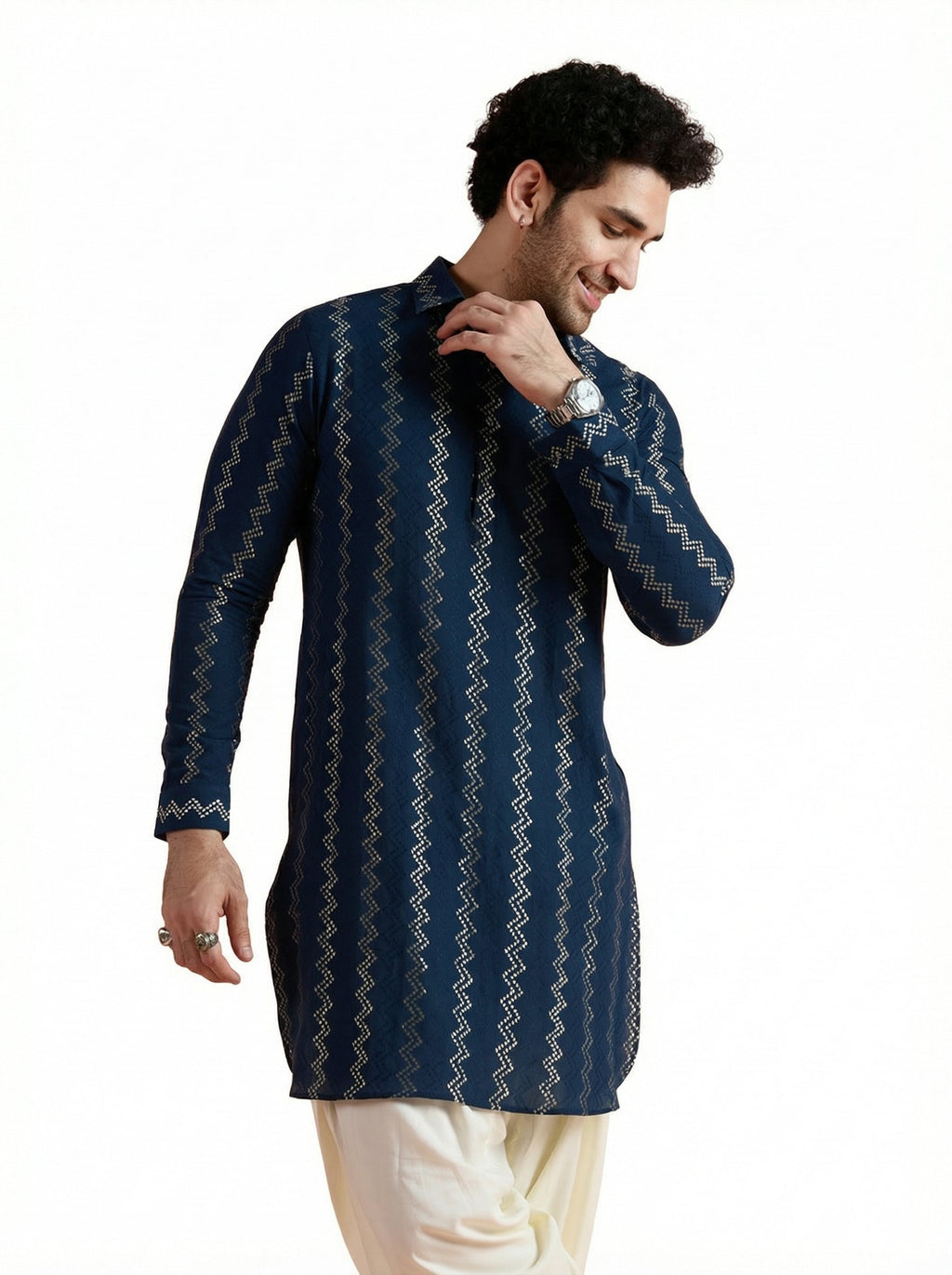 Blue Cotton Jacquard Pathani Kurta
