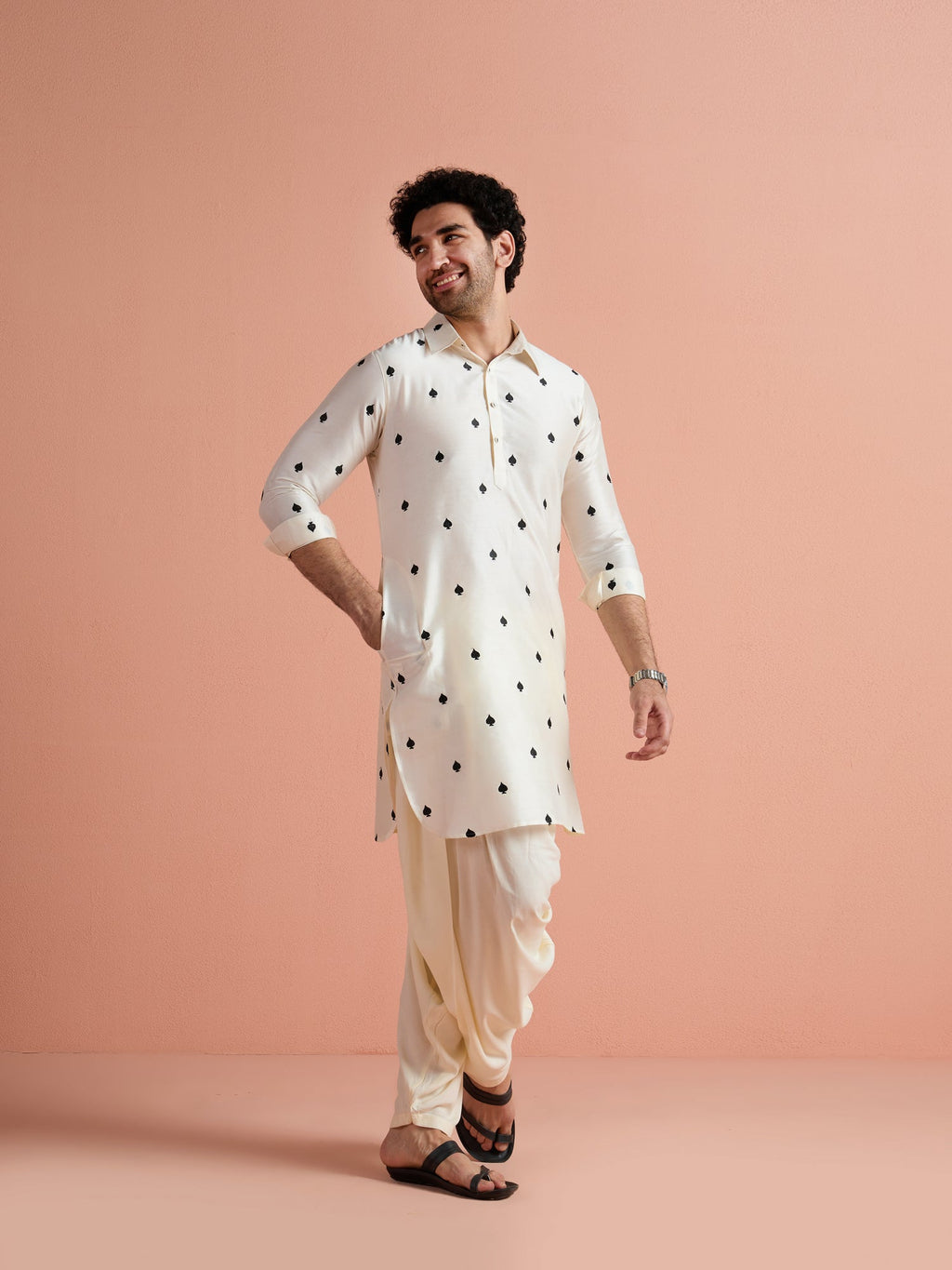 Off-White Cotton Embroidered Pathani Kurta