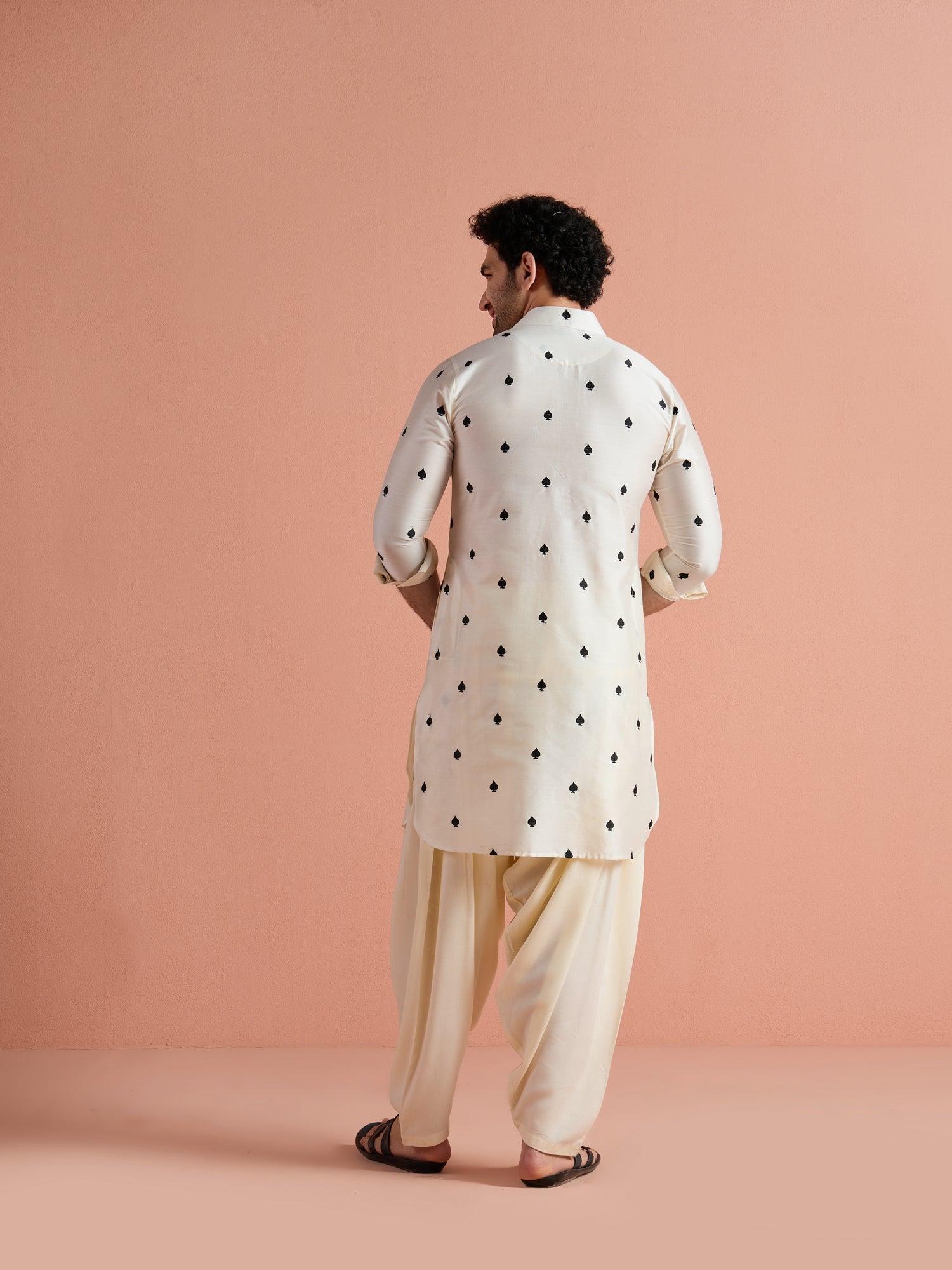 Off-White Cotton Embroidered Pathani Kurta