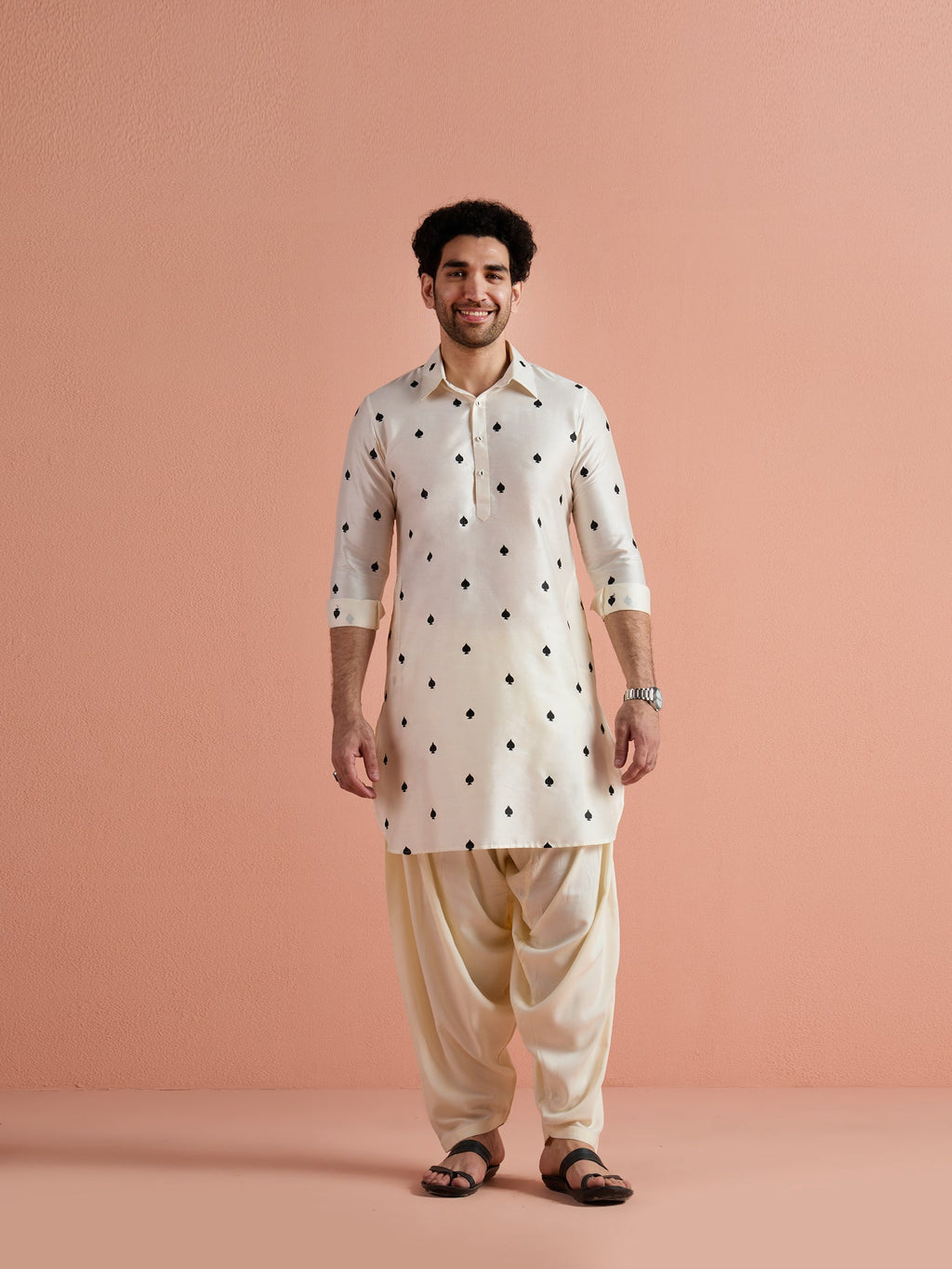 White Cotton Embroidered Pathani Kurta Patiyala Set