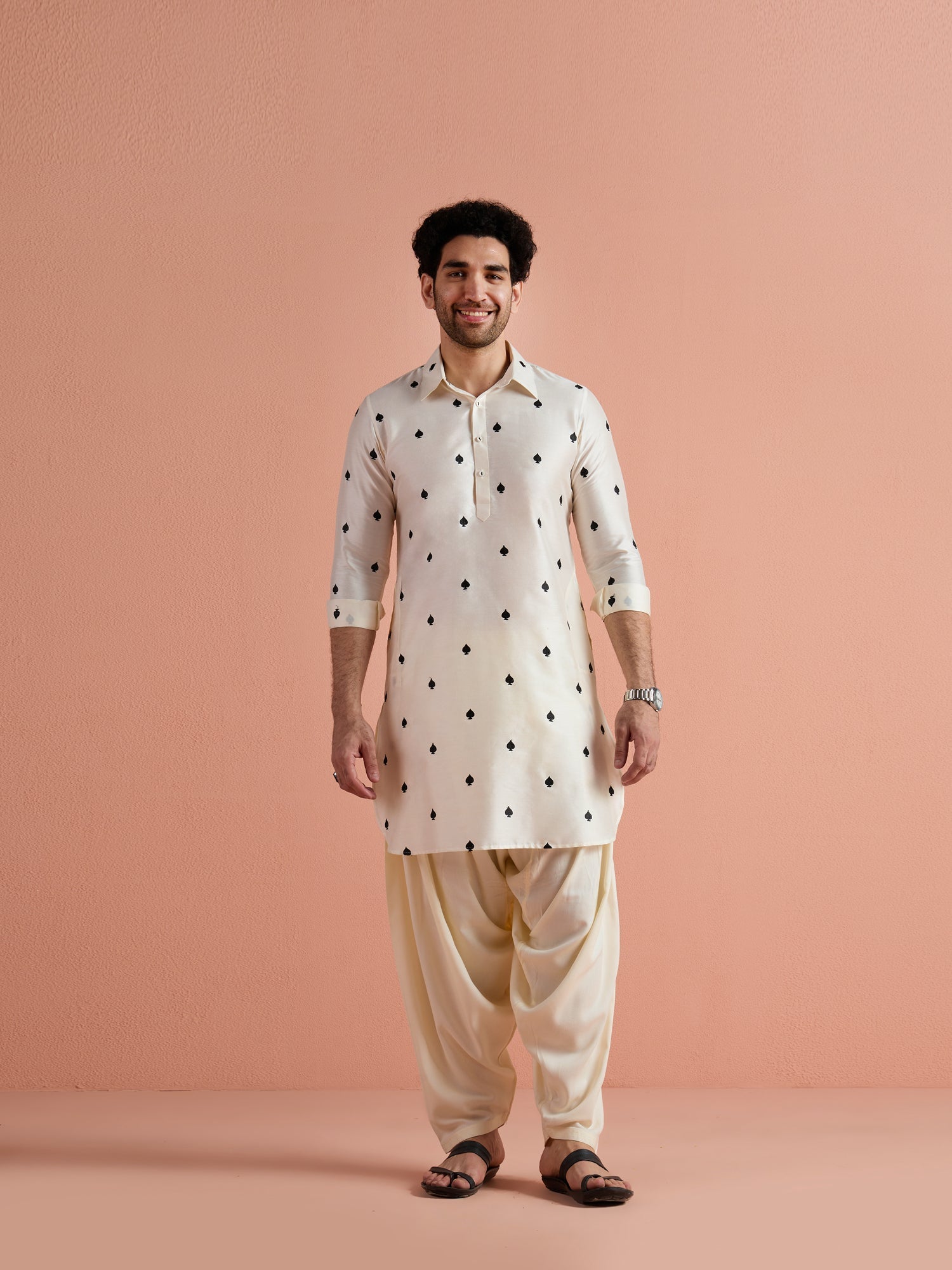 White Cotton Embroidered Pathani Kurta Patiyala Set