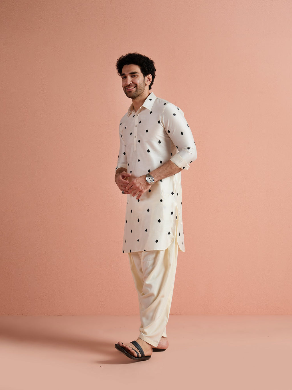 White Cotton Embroidered Pathani Kurta Patiyala Set