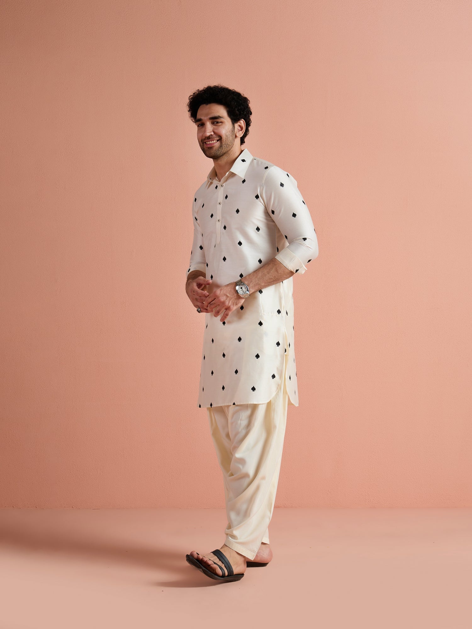 White Cotton Embroidered Pathani Kurta Patiyala Set