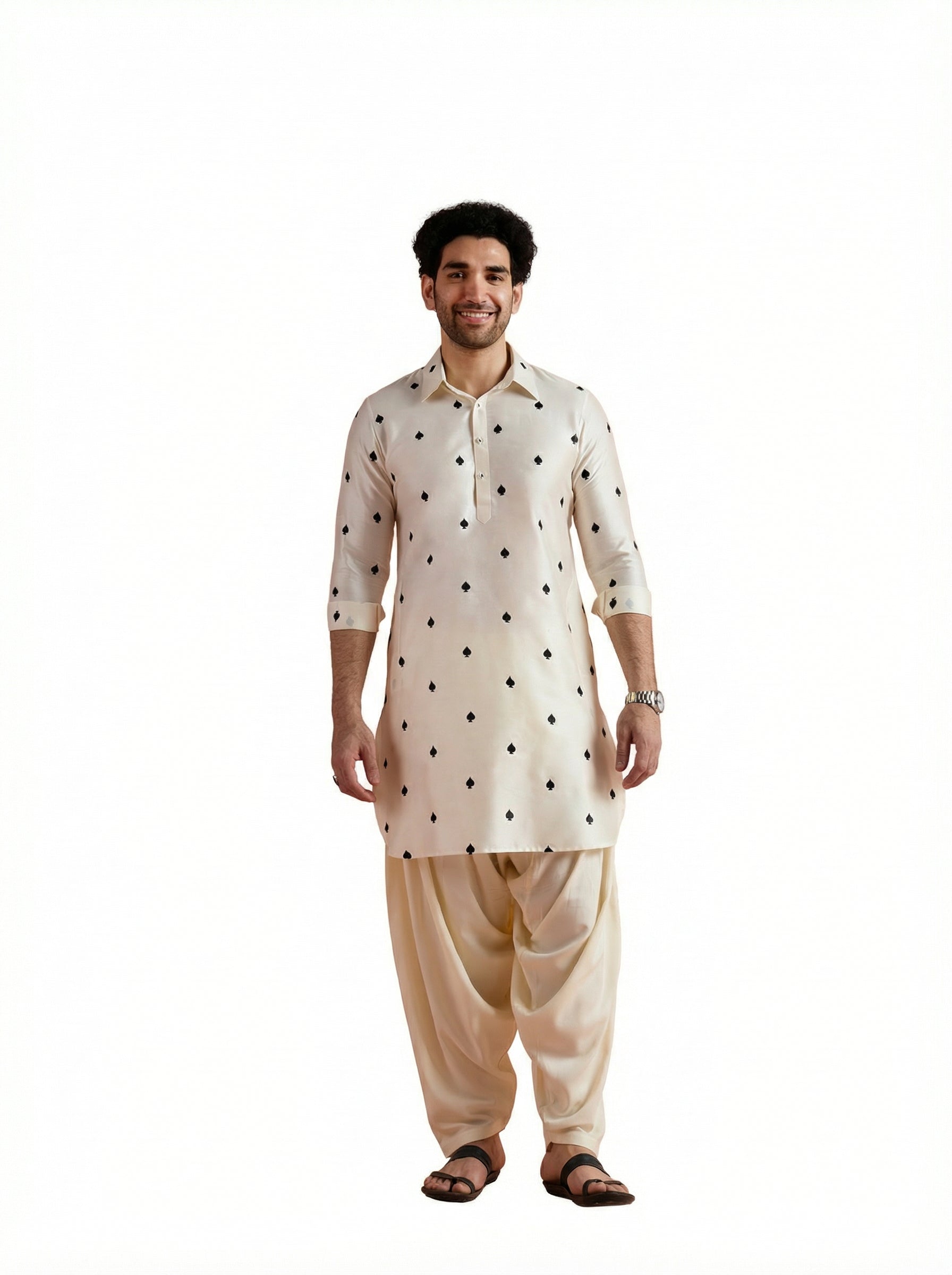 Off-White Cotton Embroidered Pathani Kurta