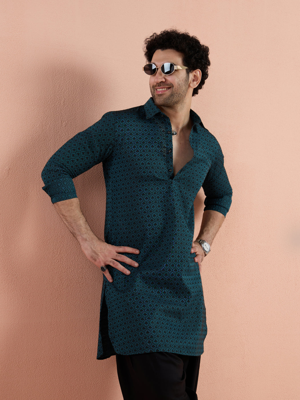 Teal Cotton Jacquard Pathani Kurta