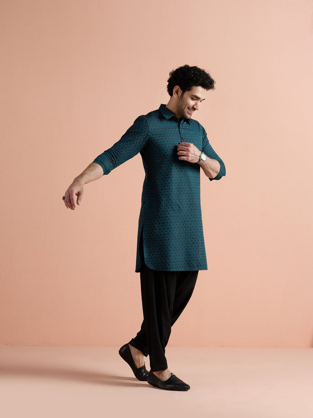 Teal Cotton Jacquard Pathani Kurta