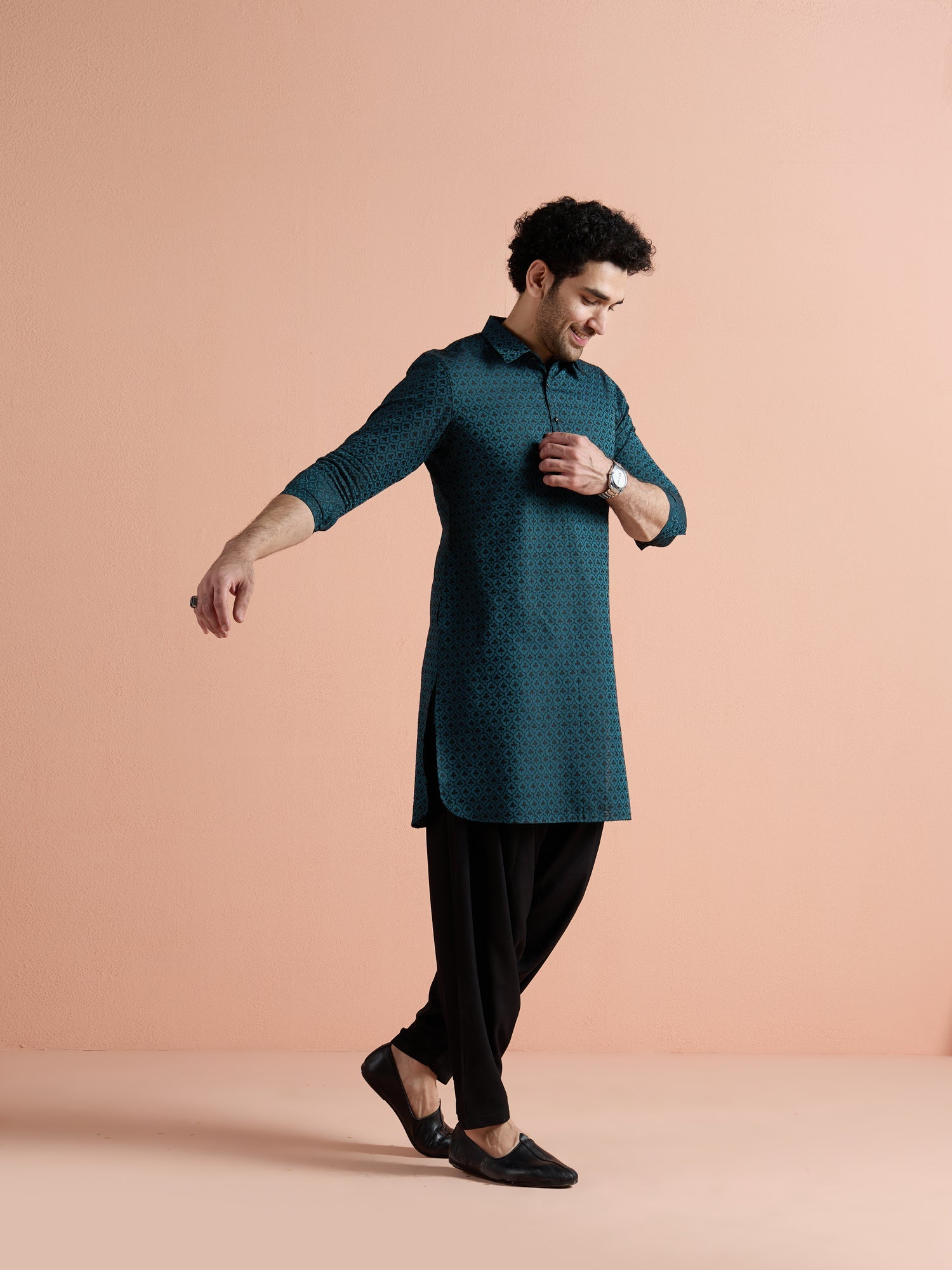 Teal Cotton Jacquard Pathani Kurta