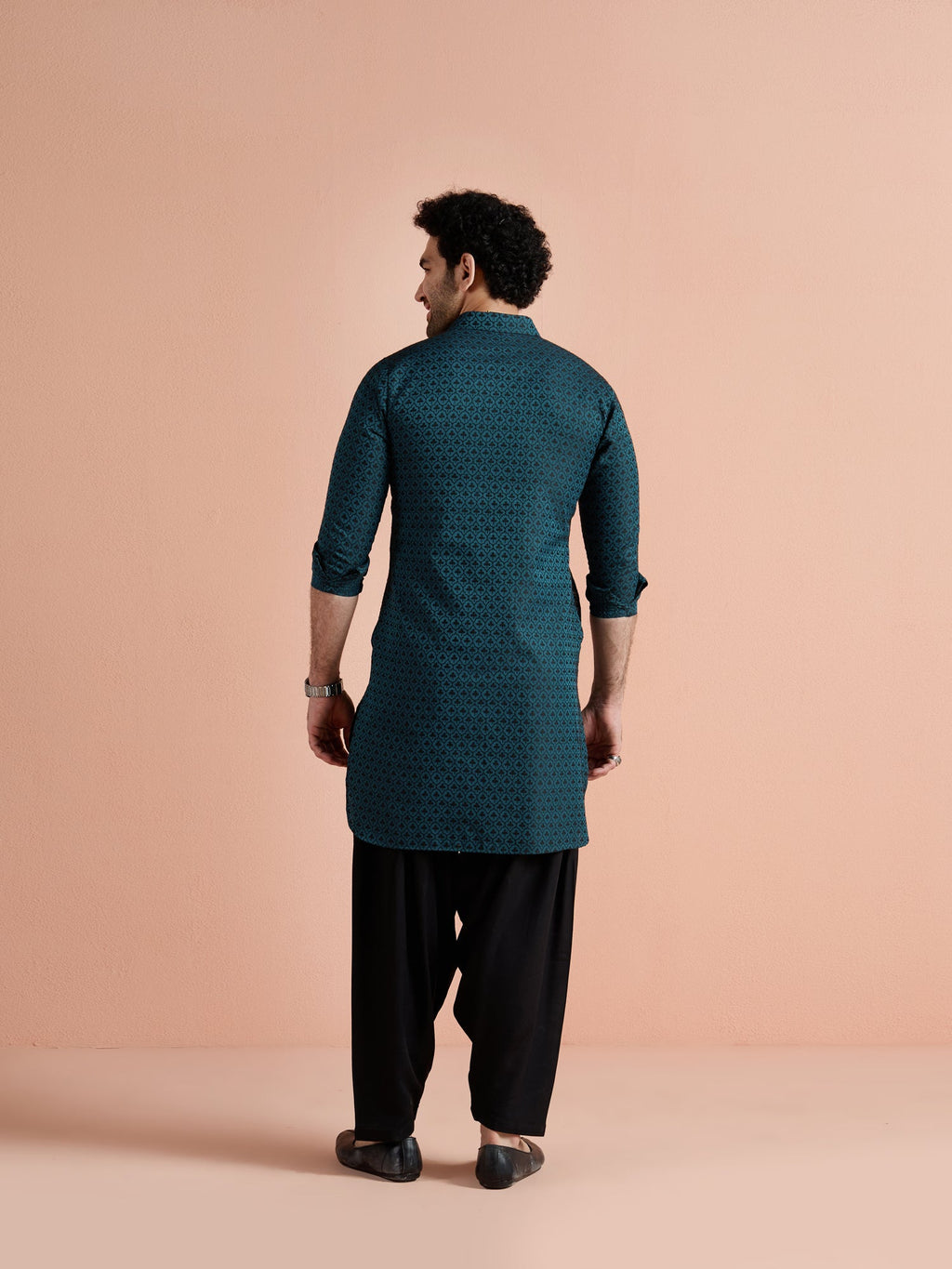 Teal Cotton Jacquard Pathani Kurta