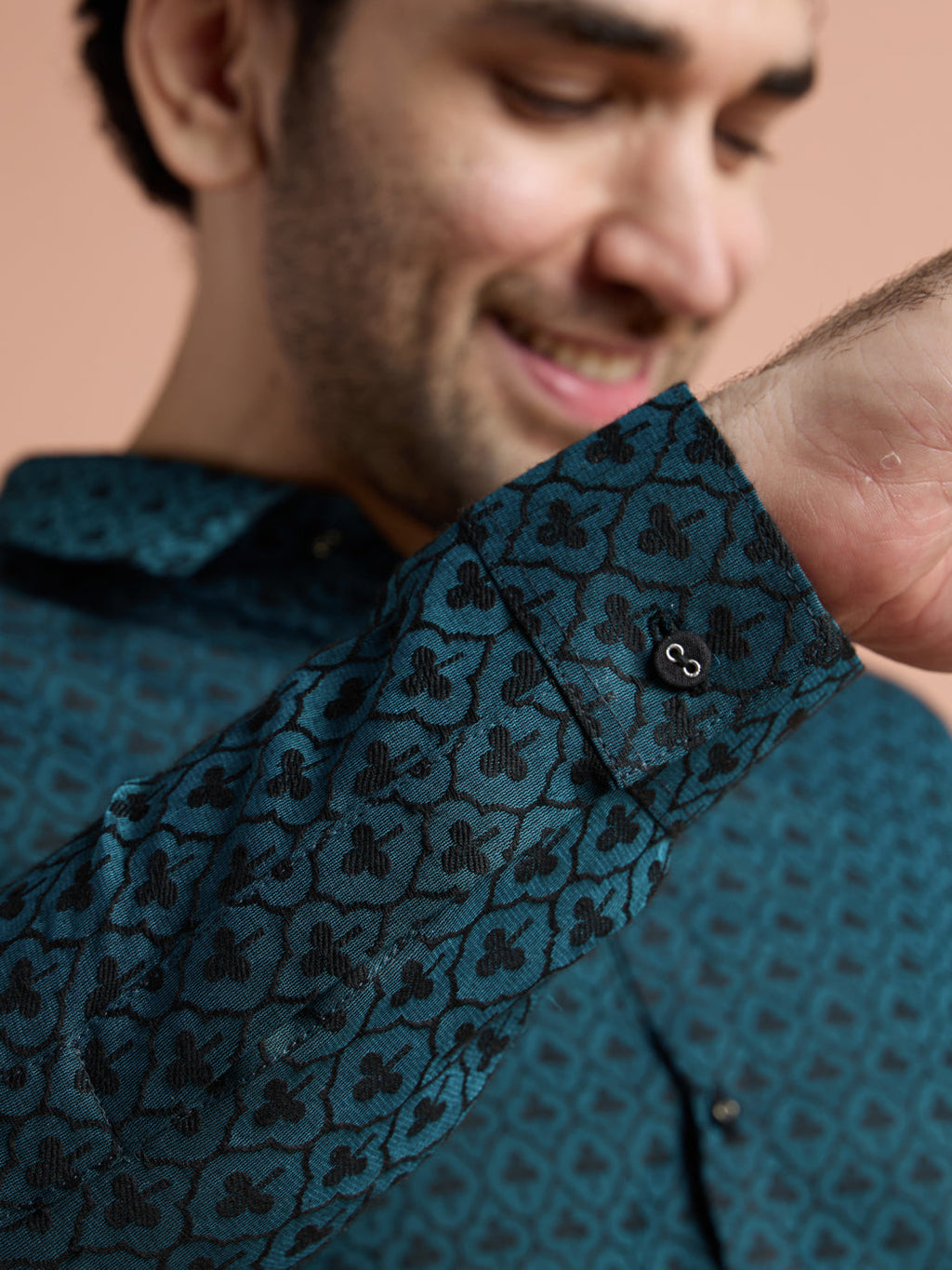 Teal Cotton Jacquard Pathani Kurta