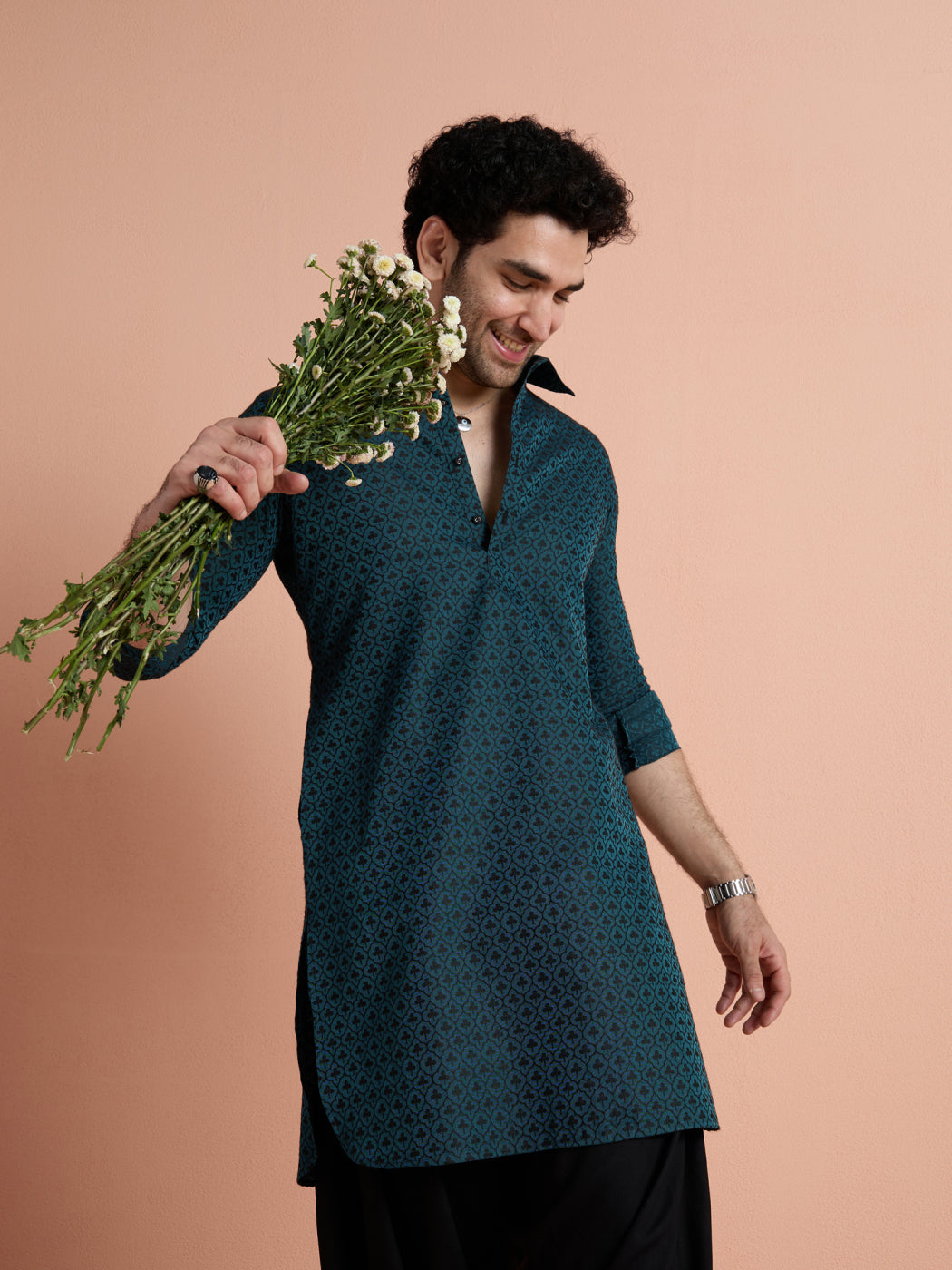 Teal Cotton Jacquard Pathani Kurta