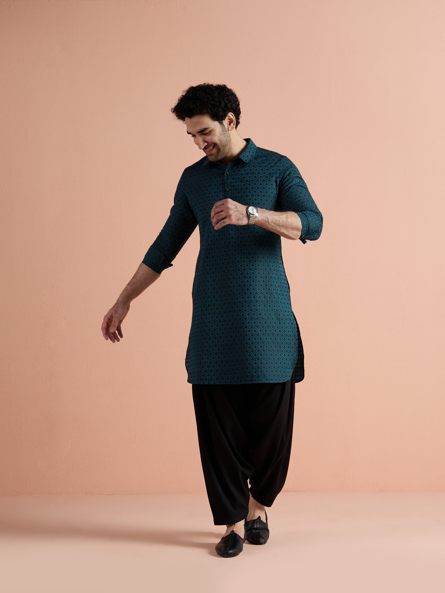 Teal Cotton Jacquard Pathani Kurta