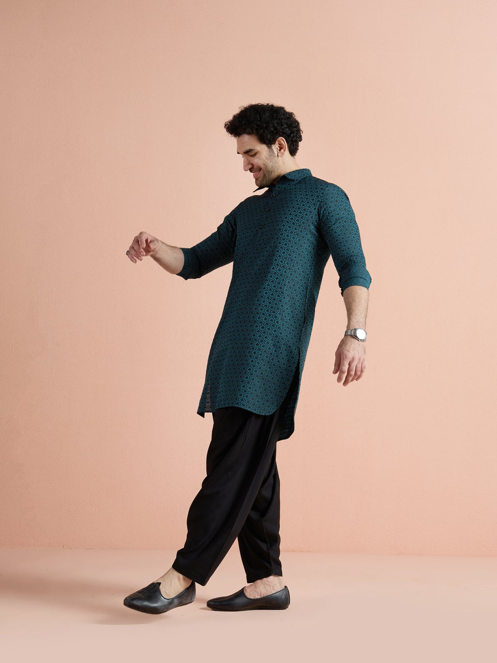 Teal Cotton Jacquard Pathani Kurta Patiyala Set