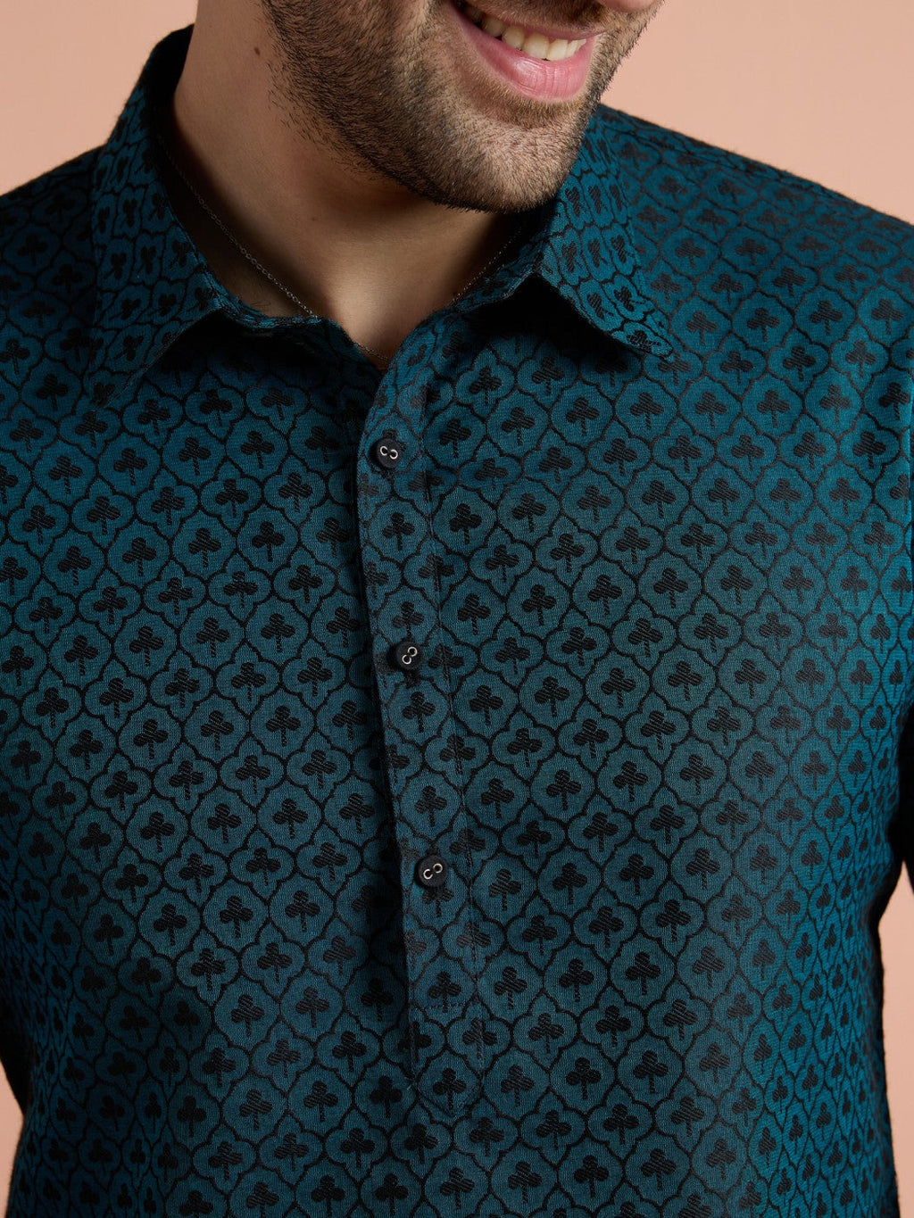 Teal Cotton Jacquard Pathani Kurta Patiyala Set
