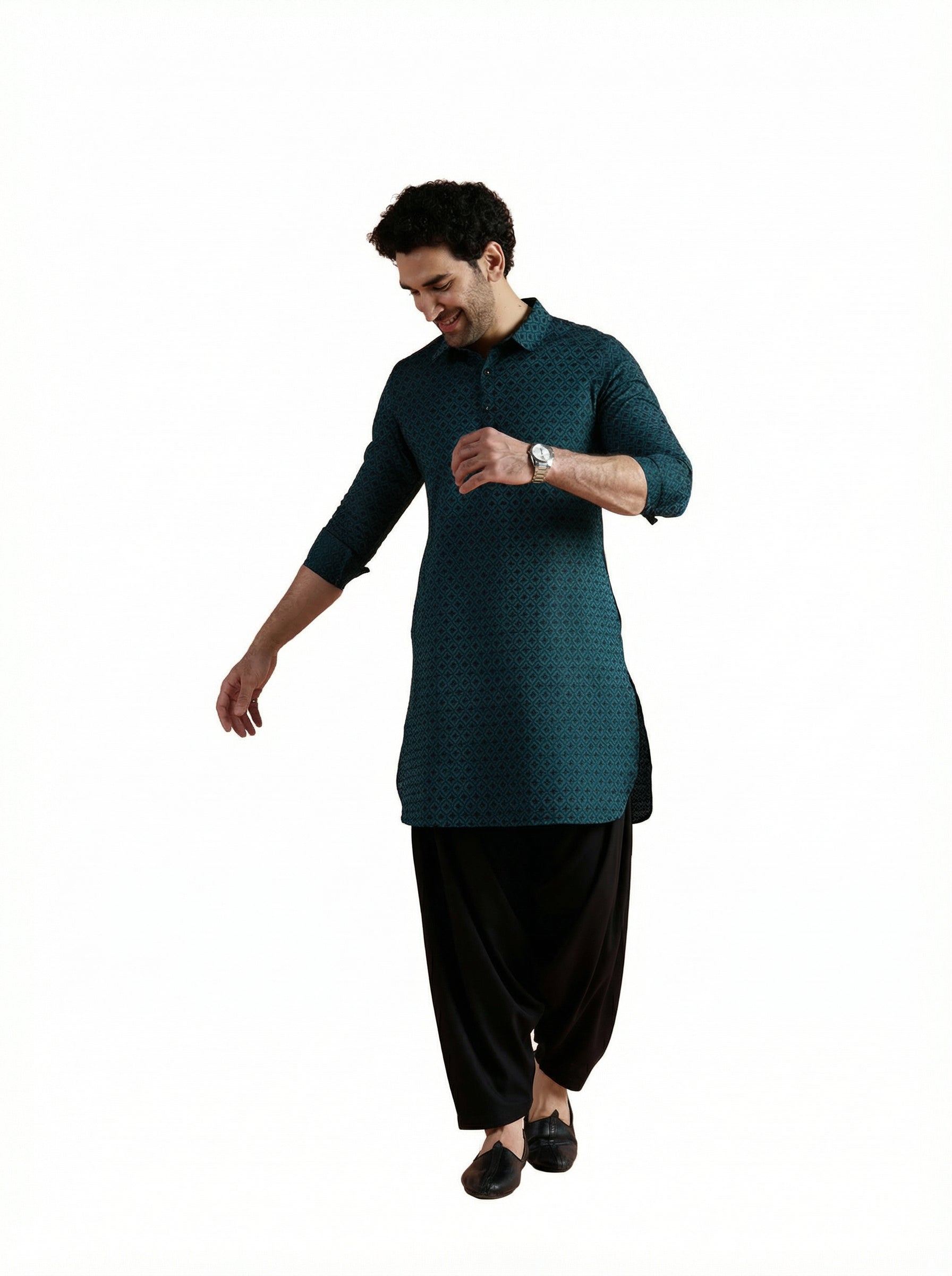 Teal Cotton Jacquard Pathani Kurta Patiyala Set