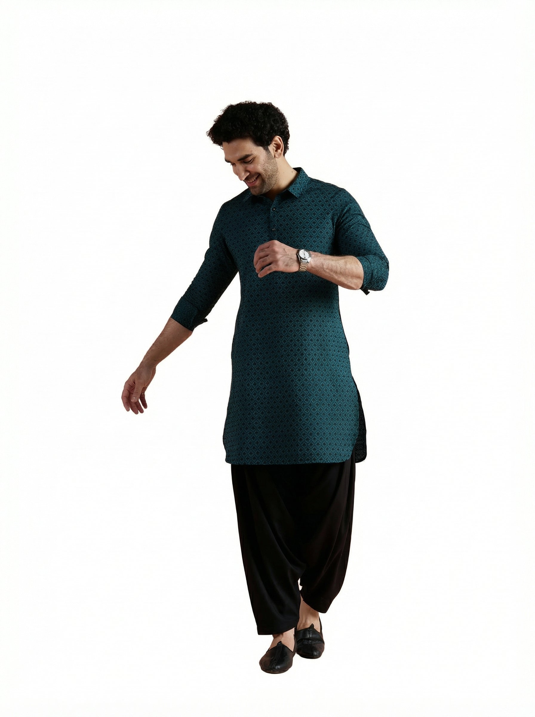 Teal Cotton Jacquard Pathani Kurta