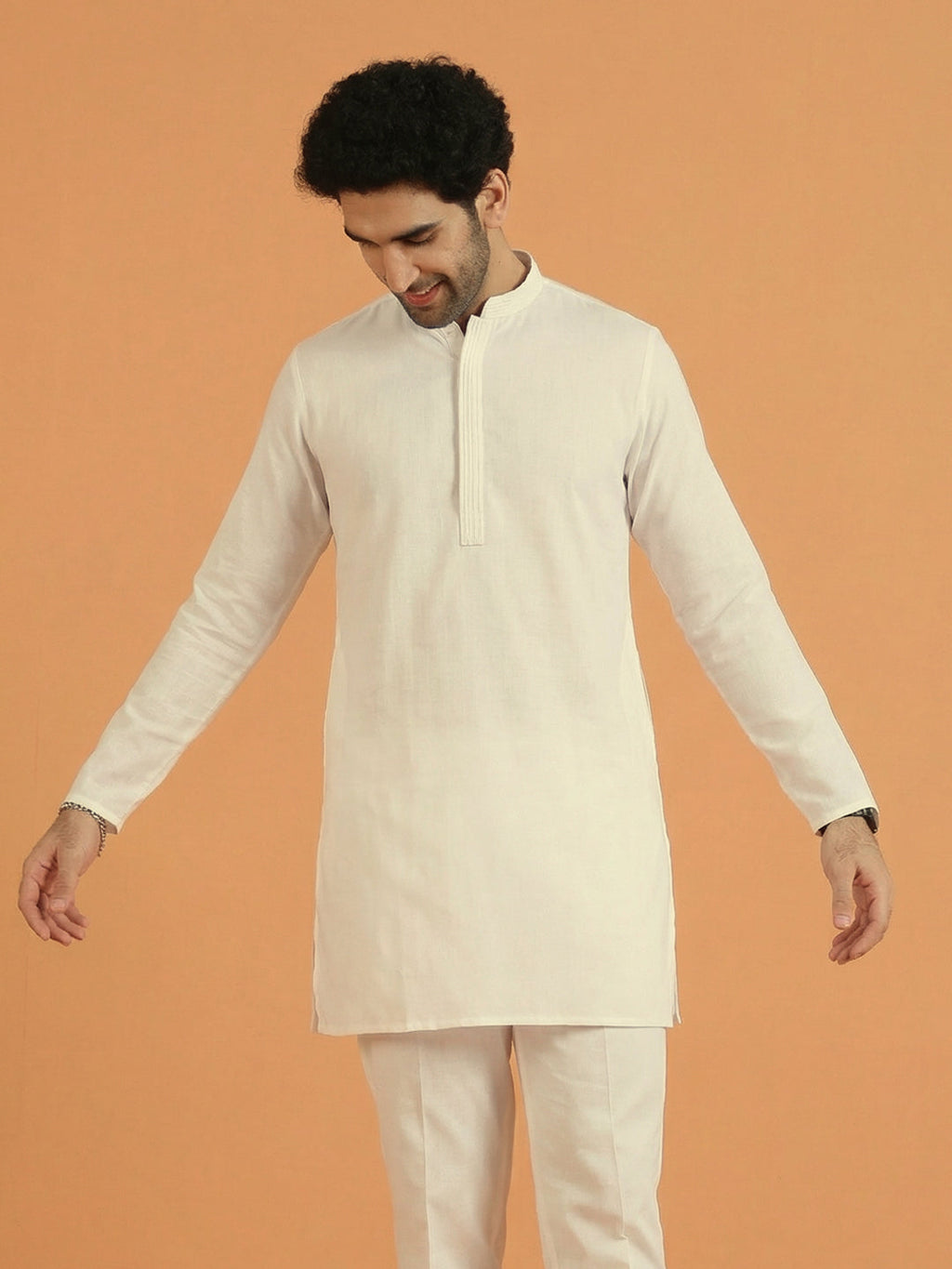 Off-White Poly Viscose Solid Mid Kurta