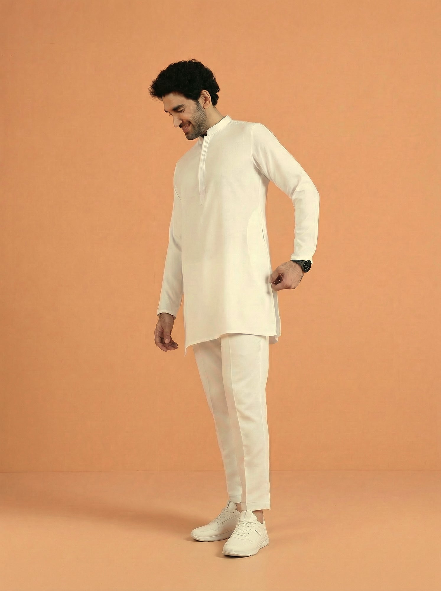 Off-White Poly Viscose Solid Mid Kurta