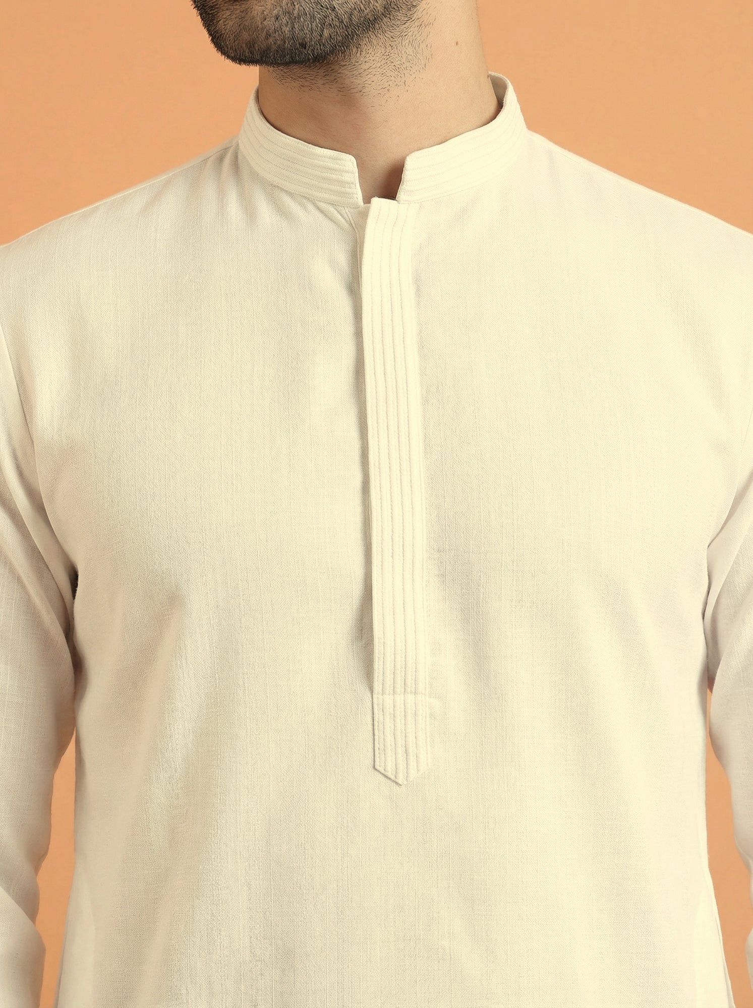 Off-White Poly Viscose Solid Mid Kurta