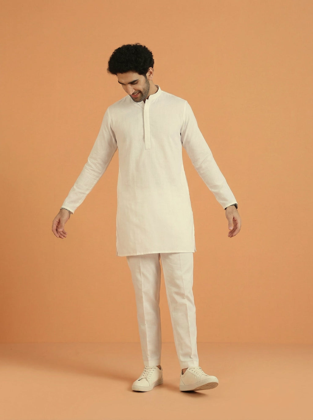 Off-White Poly Viscose Solid Mid Kurta