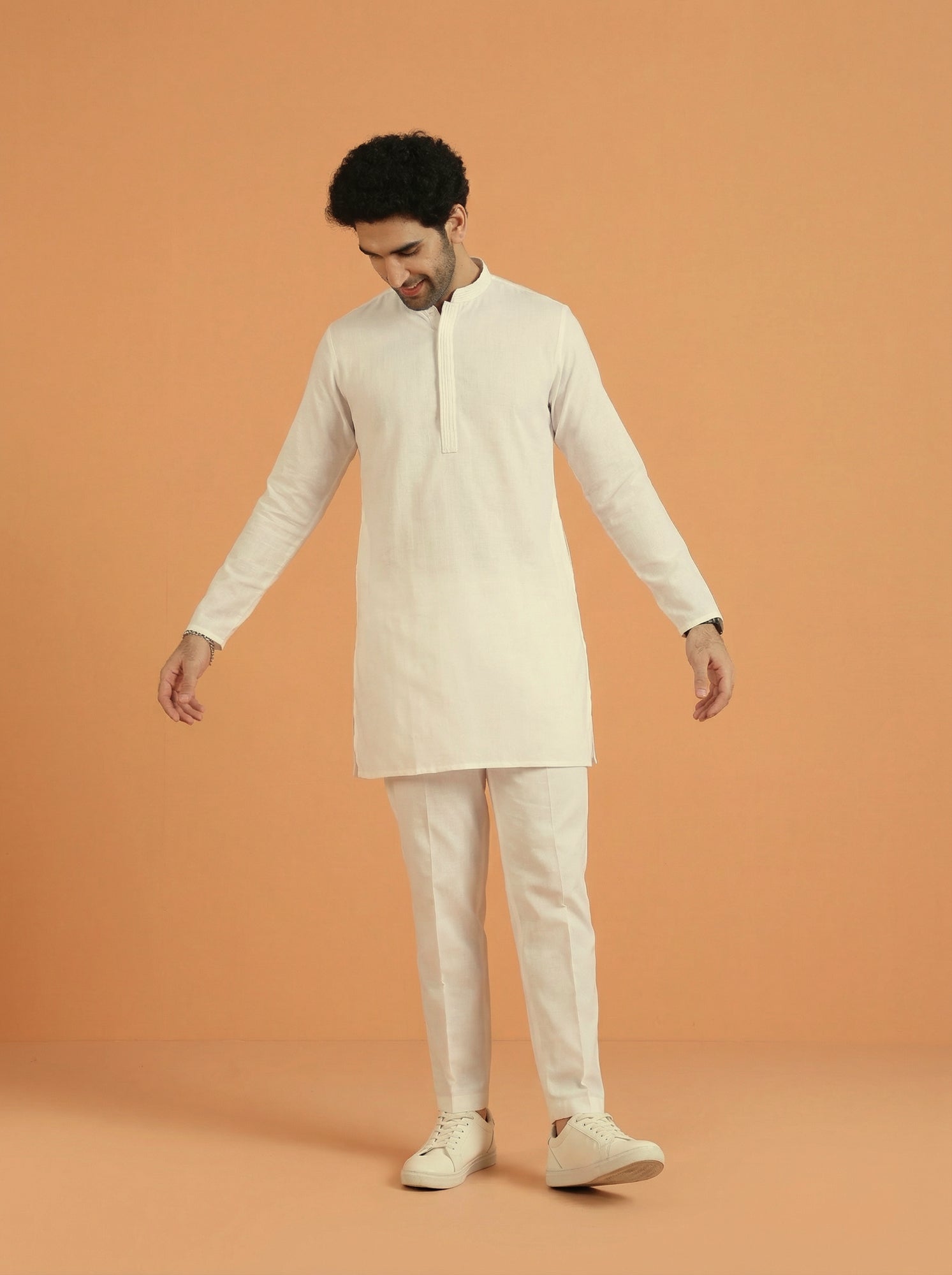 Off-White Poly Viscose Solid Mid Kurta